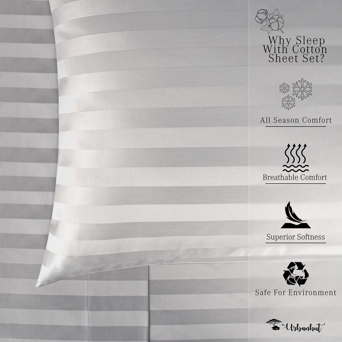URBANHUT 1000 Thread Count Egyptian Cotton Sheets Damask Striped Queen Size, Breathable Long Staple, 4 Pc Bed Sheet Sets, Luxury Hotel Sateen Sheets Fits 16" Deep Pocket - Silver Grey