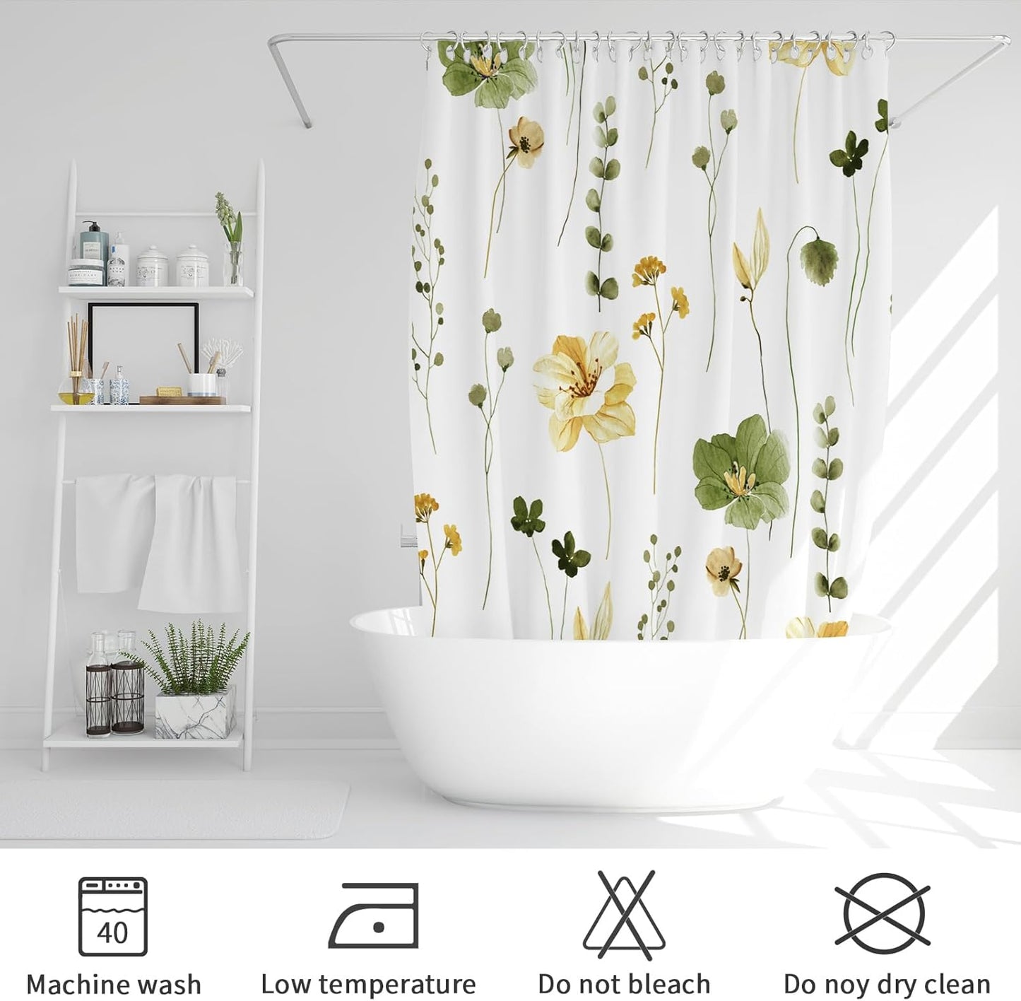 Gibelle Watercolor Floral Shower Curtain, Olive Green Beige Flower Shower Curtain for Bathroom, Modern Minimalist Waterproof Fabric Shower Curtain Set with Hooks 72x72 Inch