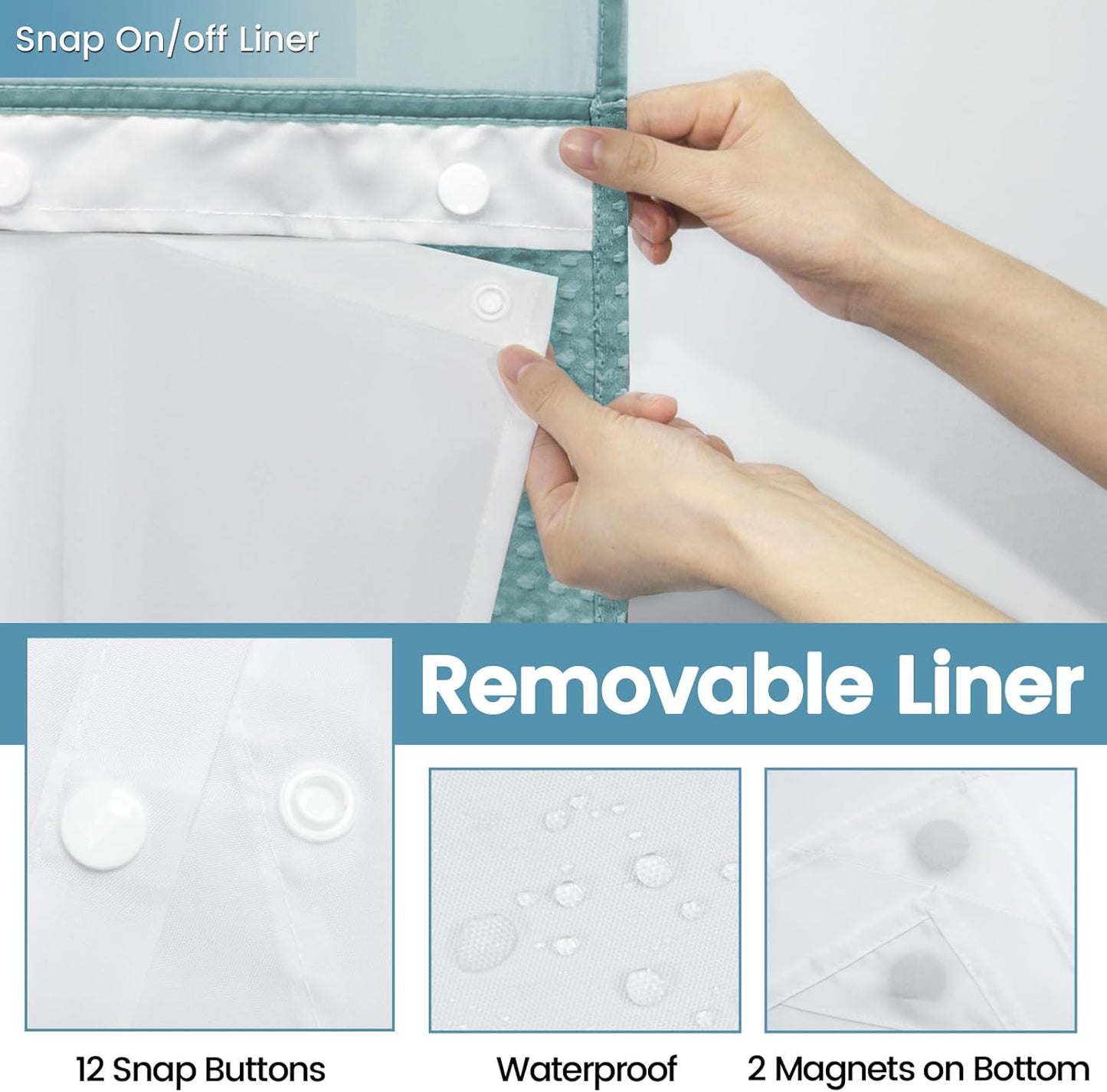 Teal No Hook Shower Curtain with Snap in Liner,230GSM Waffle Weave Shower Curtains for Bathroom,71W x 74H