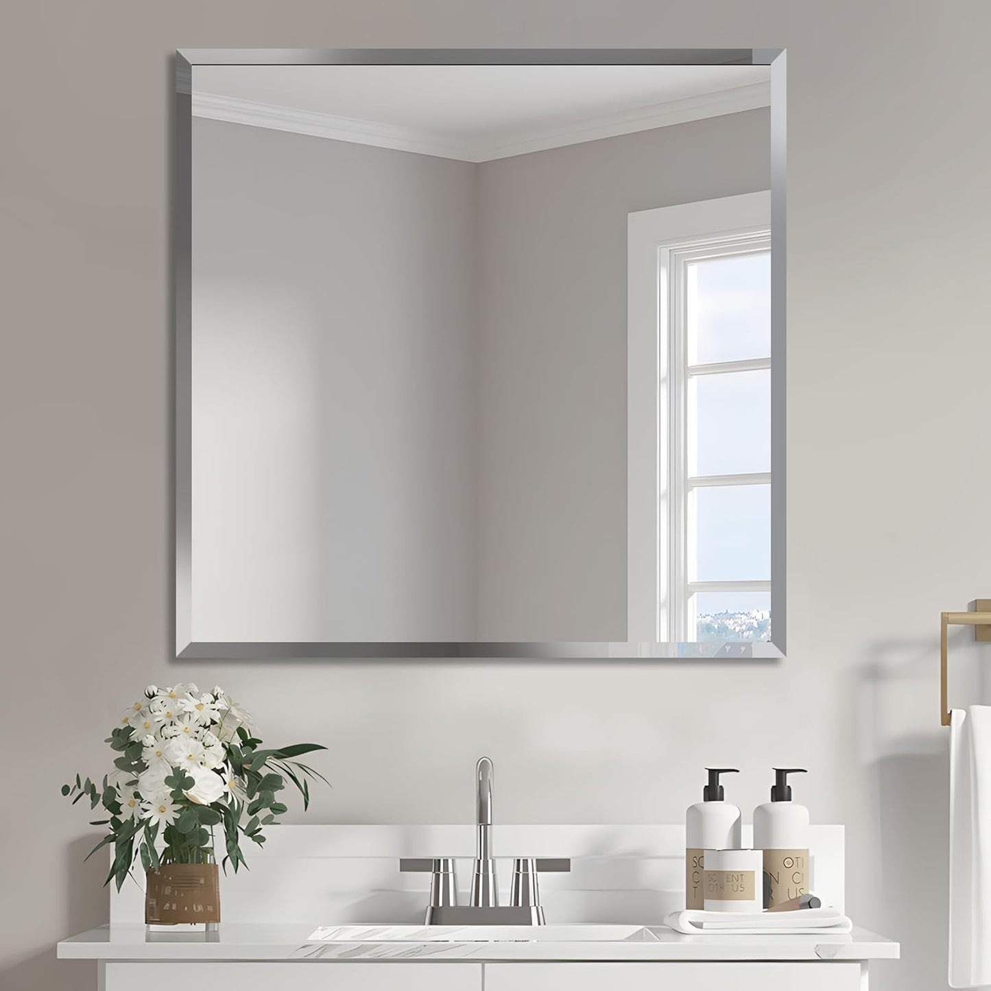 30x30 Inch Bathroom Mirror Frameless Beveled Edge Rectangle Wall Mirror Explosion Proof and Shatterproof Bathroom Vanity Mirror Wall Mounted Hang Firmly (Horizontal or Vertical)