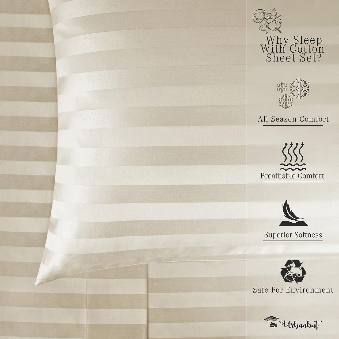 URBANHUT 1000 Thread Count Egyptian Cotton Damask Striped King Sheets, Long Staple Soft & Breathable, 4 Pc Bed Sheet Sets, Luxury Hotel Sateen Sheets Fits 16" Deep Pocket - Ivory