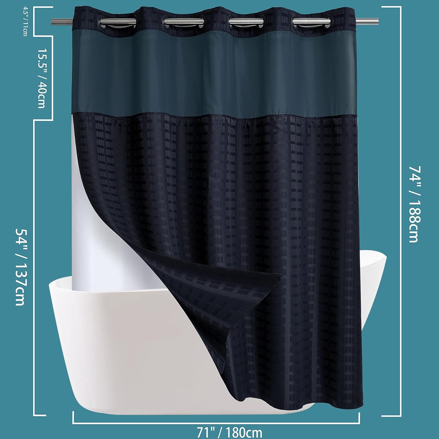Conbo Mio No Hook Shower Curtain with Snap in Liner Set, Hotel Luxury Black Shower Curtains for Bathroom with See Through Top Window, Waterproof, Washable 71W x 74H