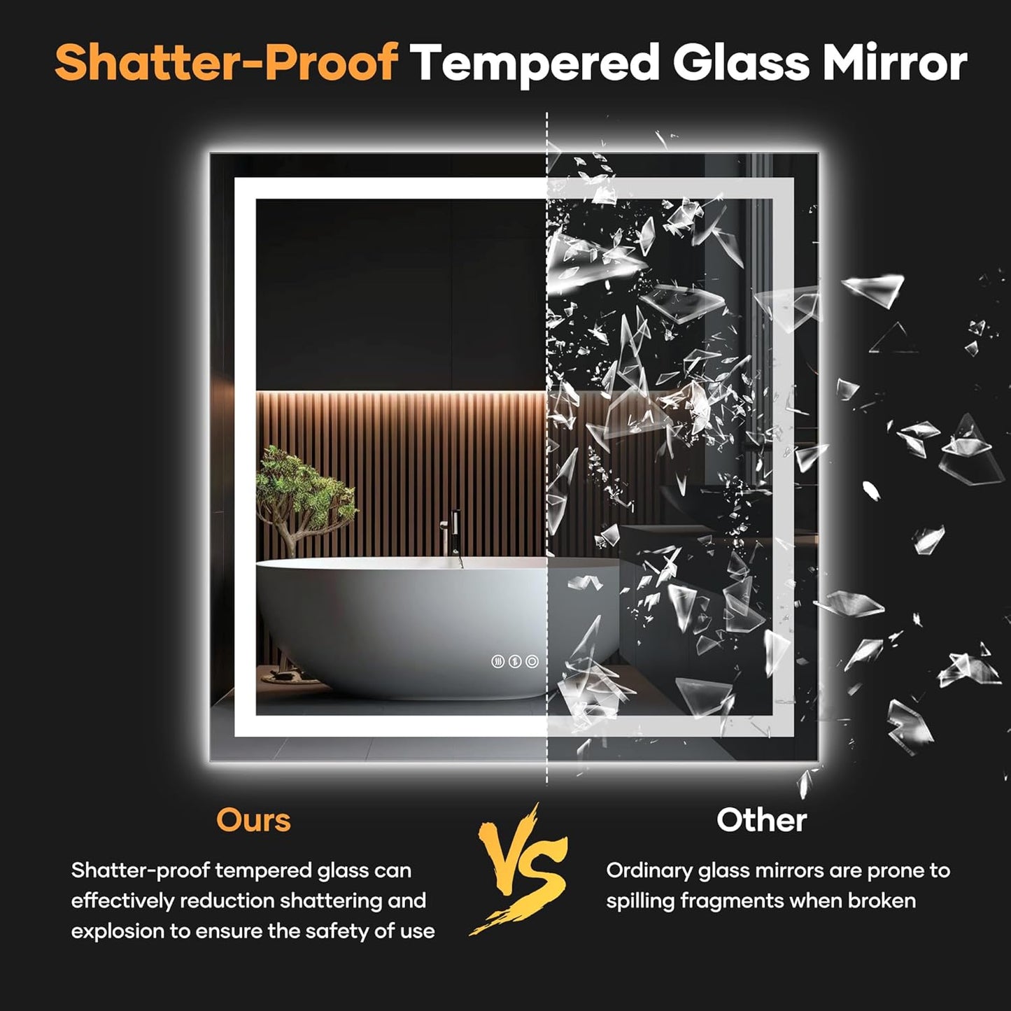 LED Bathroom Mirror with Lights, 36×36Inch Front and Backlit Led Mirror for Bathroom, 3 Colors Dimmable, Defogging, Memory Function, Shatterproof, Tempered Glass, Horizontal/Vertical, UL Listed
