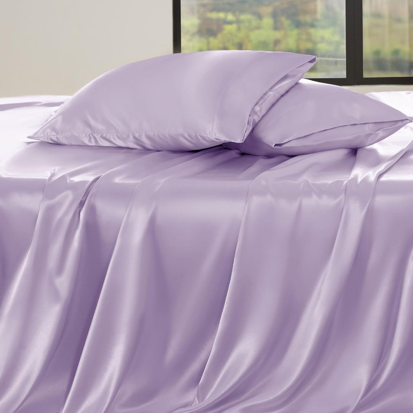 Bedsure Satin Sheets King Size - 4 Piece Silky Bedsheets with 15 Inches Deep Pocket Fitted Bedsheet,1 Flat Sheet, 2 Satin Pillowcases, Good for Hair & Skin (King, Lavender)