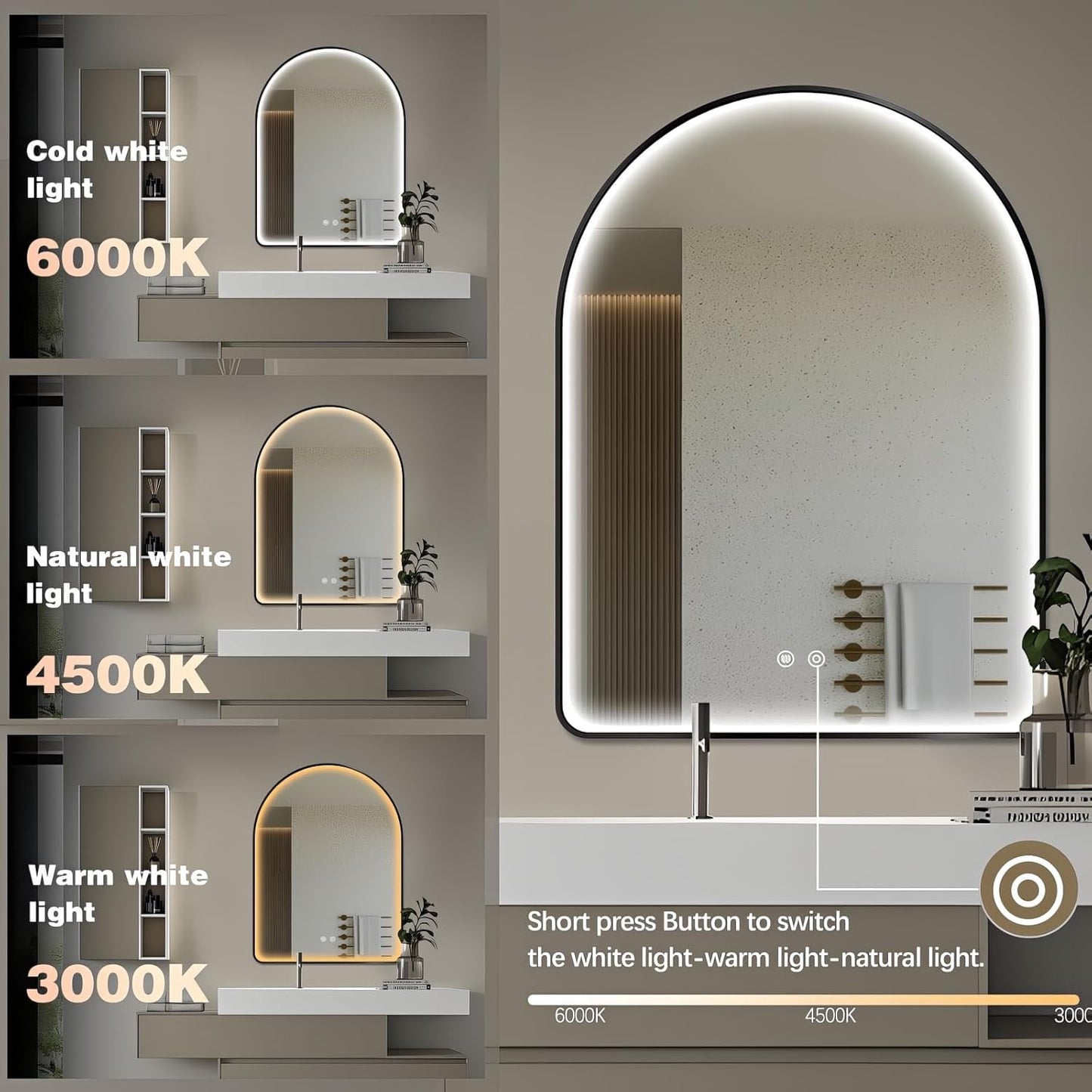 Niccy Arched LED Bathroom Mirror, 30"x20" Black Framed Arch Wall Lighted Mirrors, Arching Frontlit Vanity-Mirror with Memory Function for Bathroom Bedroom, Defogger and 3 Color, Explosion-Proof
