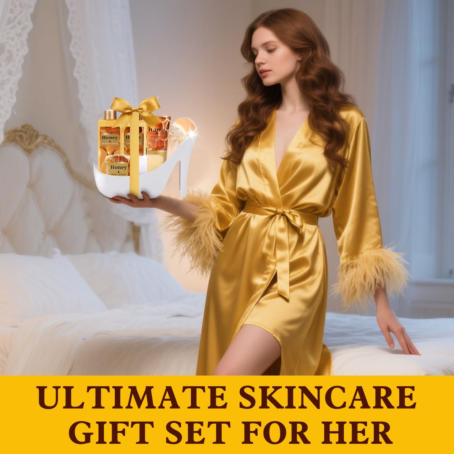 Christmas Gifts for Women, Honey Spa Gift Basket for Women, Bath Set with Golden Bath Bombs & Skin-Repairing Butter, Anniversary Gifts for Her, Wife, Girlfriend