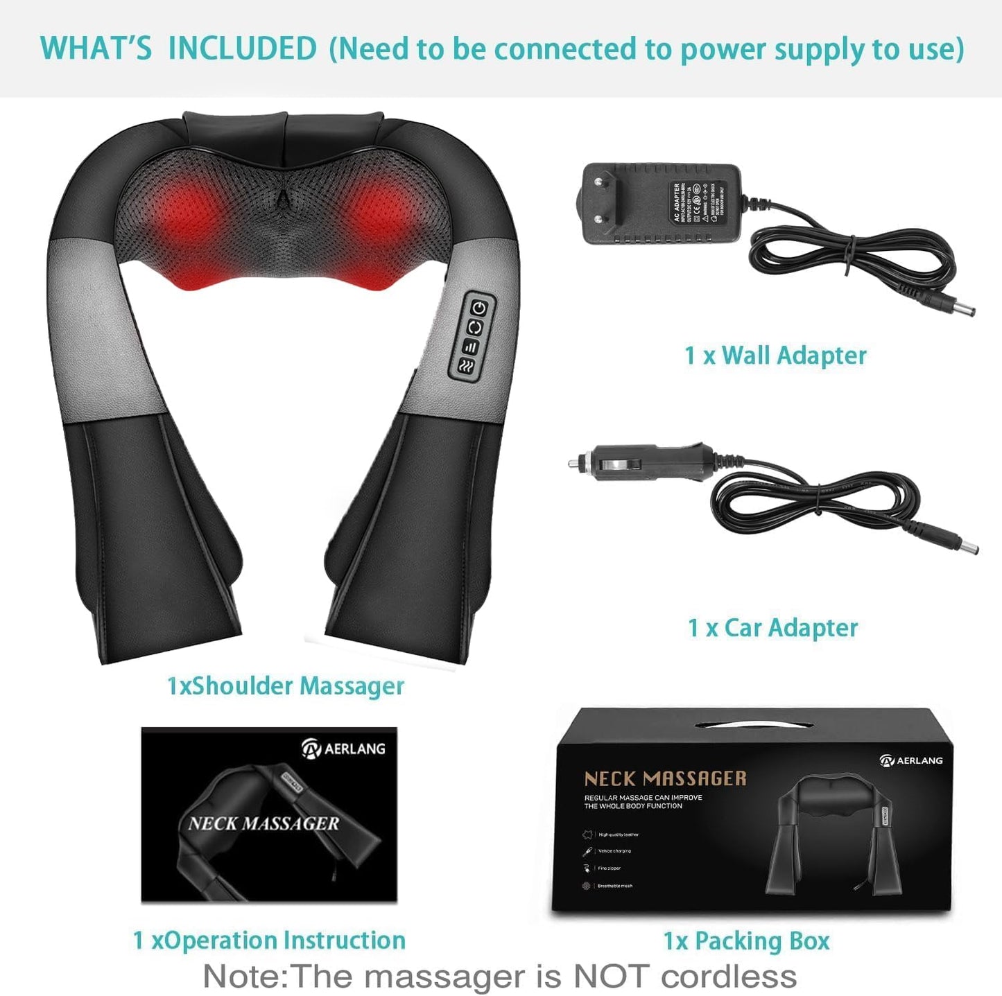 AERLANG Shiatsu Back and Neck Massager, Back Massager Deep Tissue Kneading Neck and Shoulder Massage with Heat, Electric Massage Pillow Fathers Day Gift Ideas from Daughter Son(NOT Cordless)