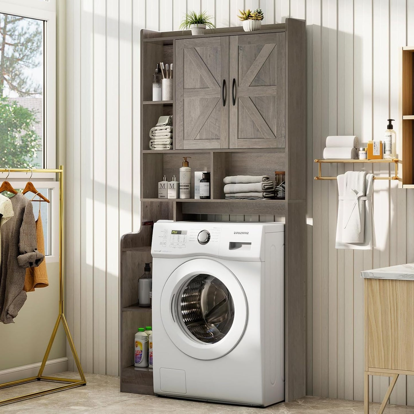 Over The Toilet Storage Cabinet with Barn Doors, Rustic Bathroom Organizer, Space-Saving Shelf for Laundry, Grey