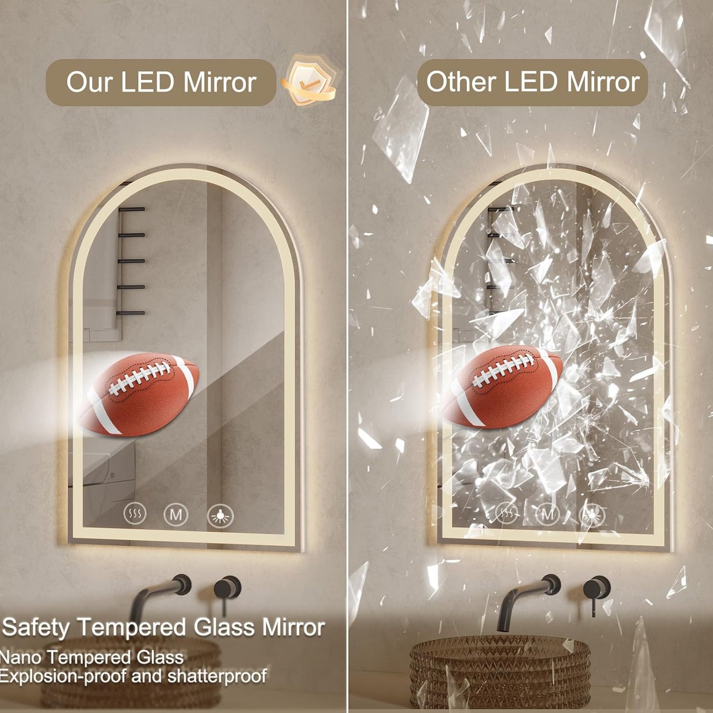 LED Bathroom Mirrors with Lights 30"x34" Arched Mirror for Wall,Led Vanity Mirror, Anti-Fog,LED Mirrors with Front Light and Backlit, Anti-Fog, Dimmable, 3 Color, Shatterproof, Touch Sensor