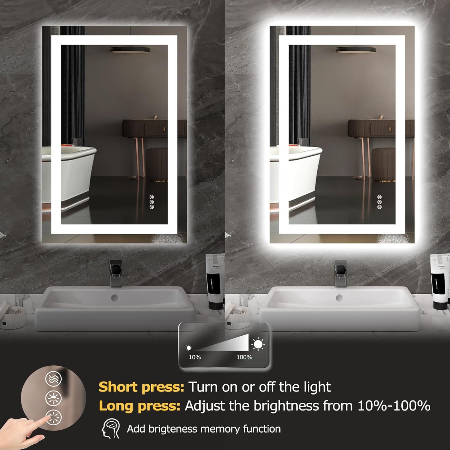 24X36 LED Bathroom Mirror with Lights, Anti-Fog, Dimmable, Backlit + Front Lit, Smart Bathroom Vanity Mirror, Memory Function, Shatterproof, Tempered Glass (Horizontal/Vertical)