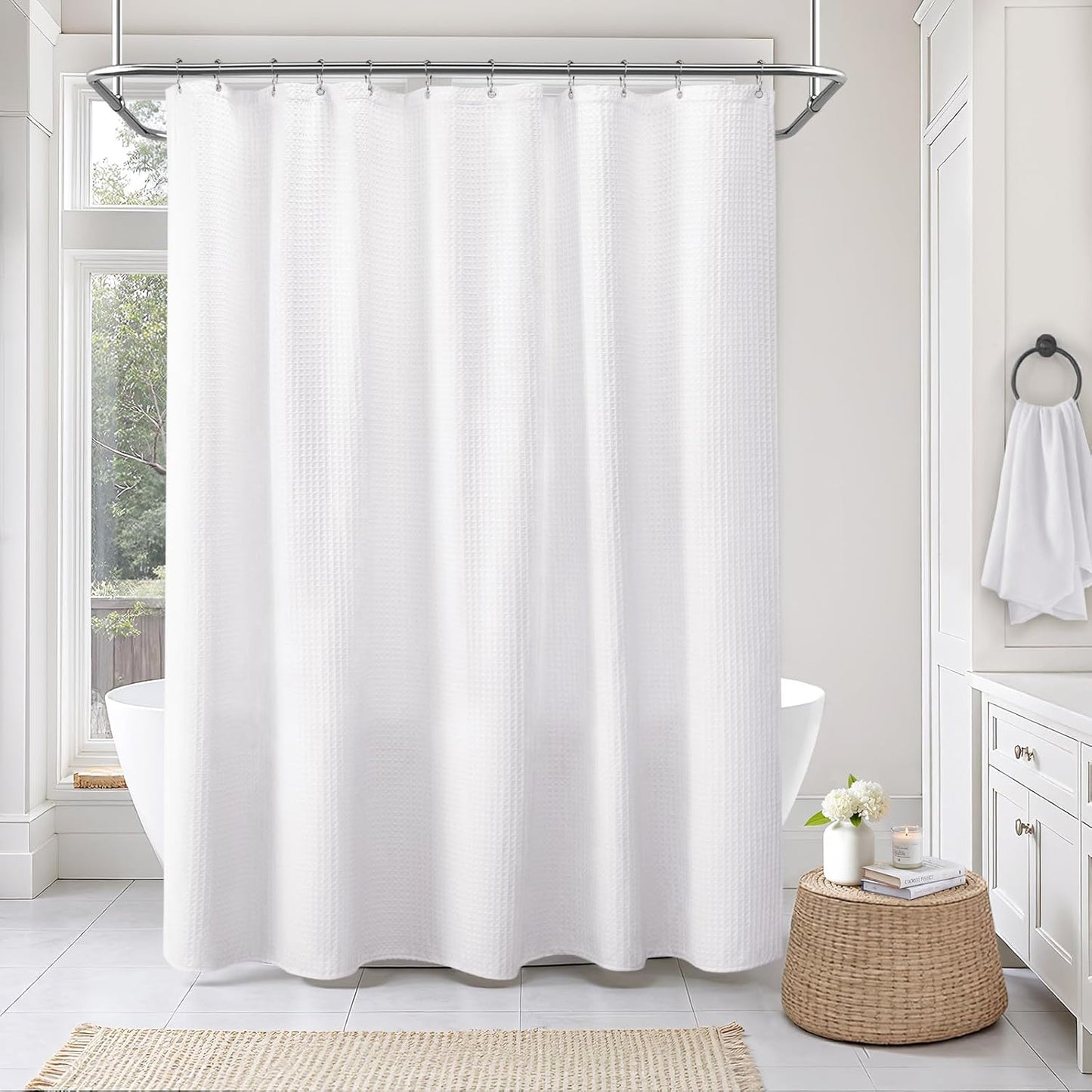 Stall Waffle Shower Curtain - White Cotton Fabric Texture Heavyweight Shower Curtain for Narrow Bathroom,Washable,36Wx72L