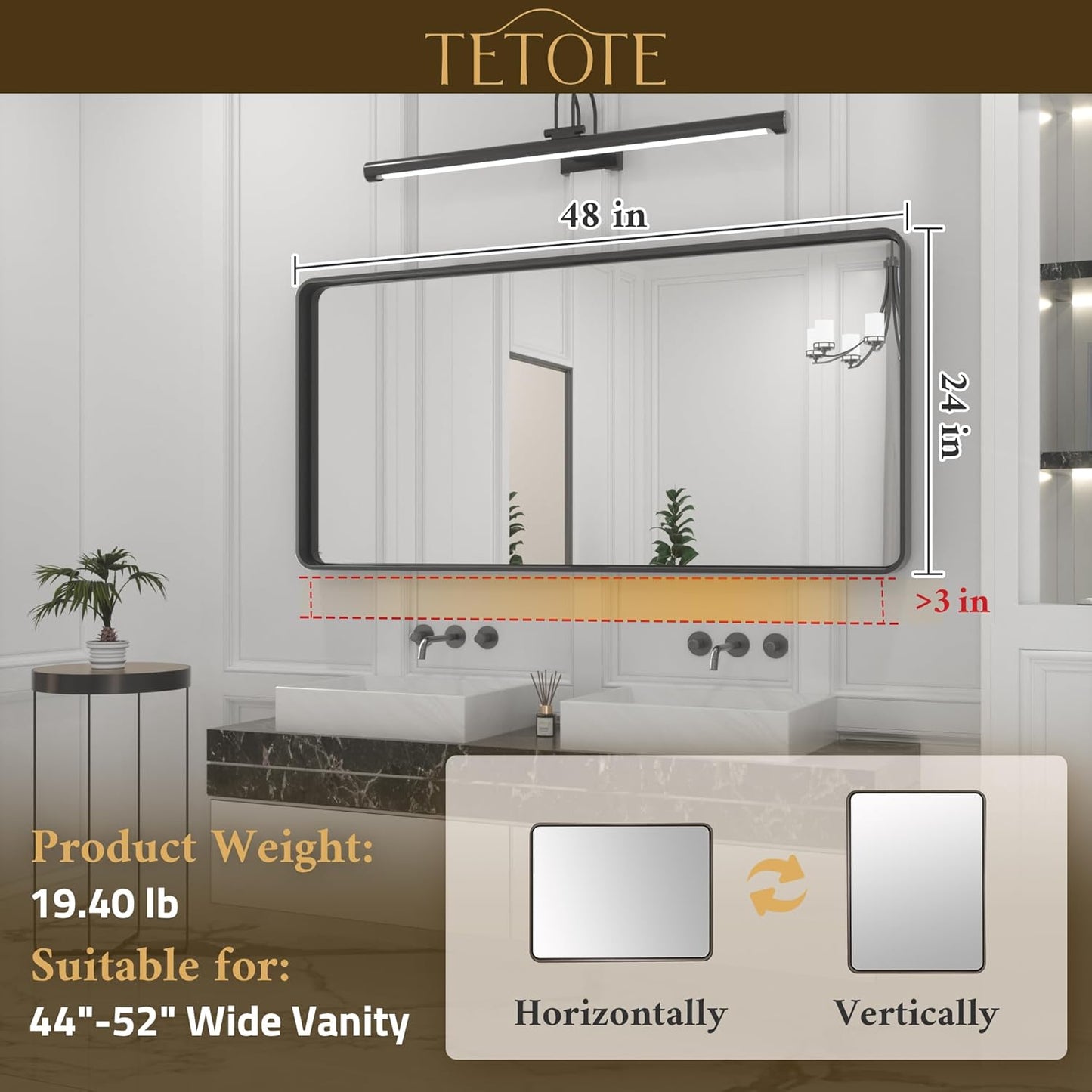 TETOTE 48 x 24 Inch Black Frame Mirror, Bathroom Vanity Mirror for Wall, Modern Rectangle Round Corner Matte Framed Mirror (Horizontal/Vertical)