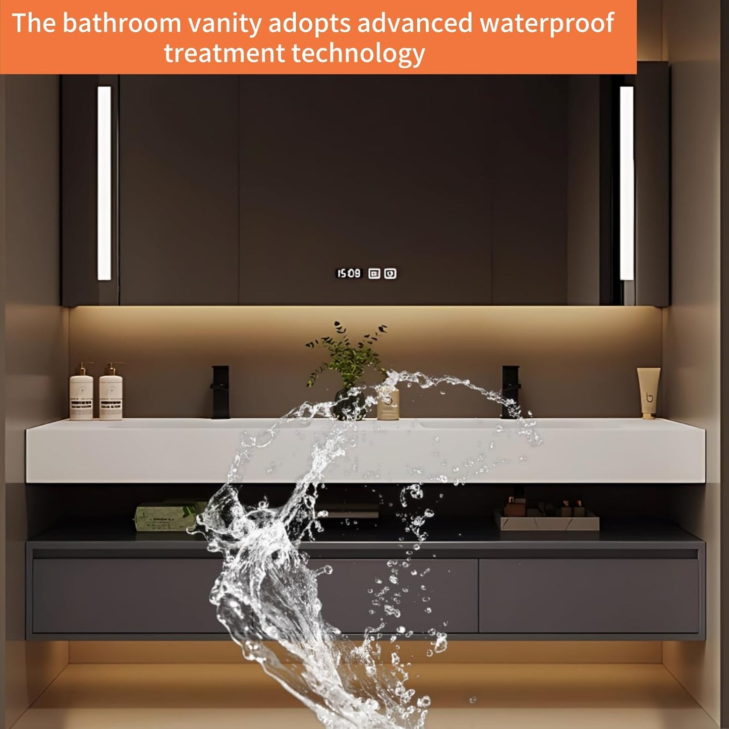 76IN Bathroom Vanity Double Sink - Double Sink Bathroom Vanity Set Include Smart Defogging Bathroom Mirror Cabinet with LED Light Strips, Abundant Storage Space with 3 Drawers (Mirror Cabinet)