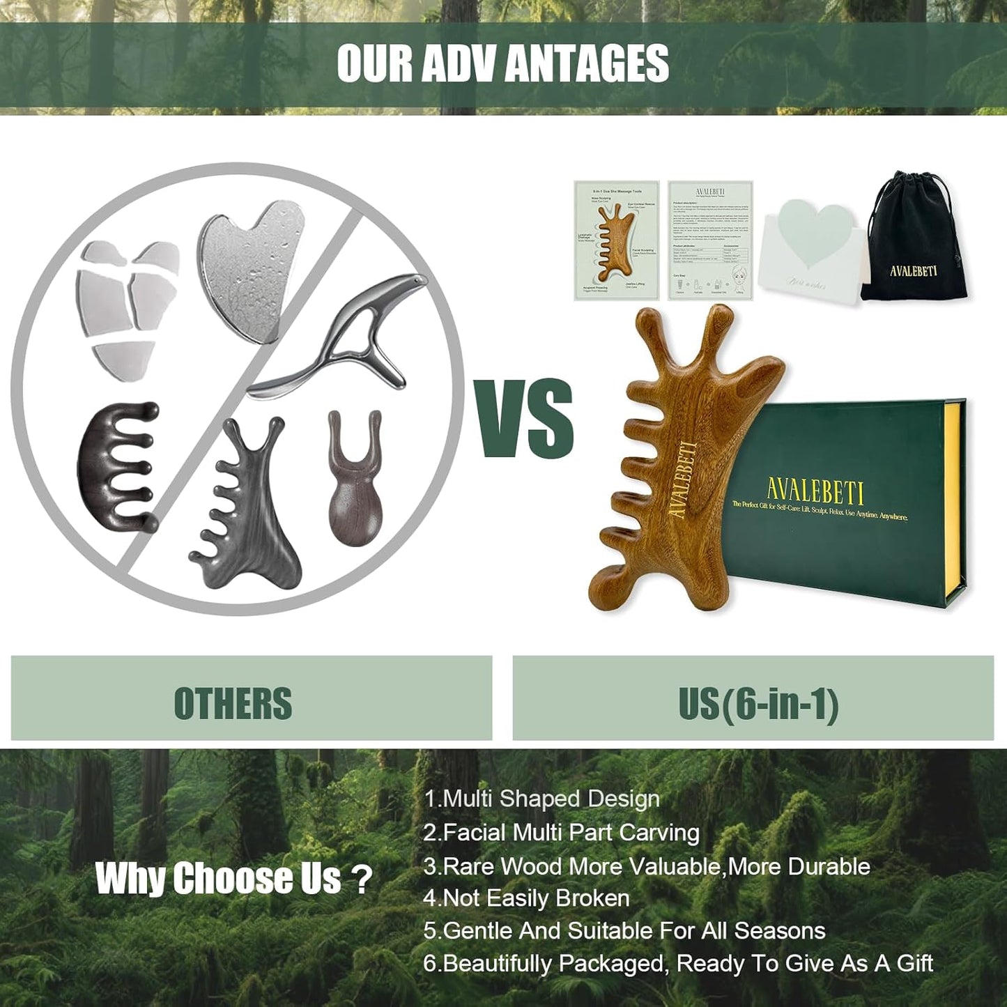 6-in-1 Gua Sha Tool for Face & Body, Natural Sandalwood – Lymphatic Drainage, Jaw Lifting & Nose Sculpting, Head Scalp Massage Comb for Stress Relief, Home Office Self Care Gifts for Women