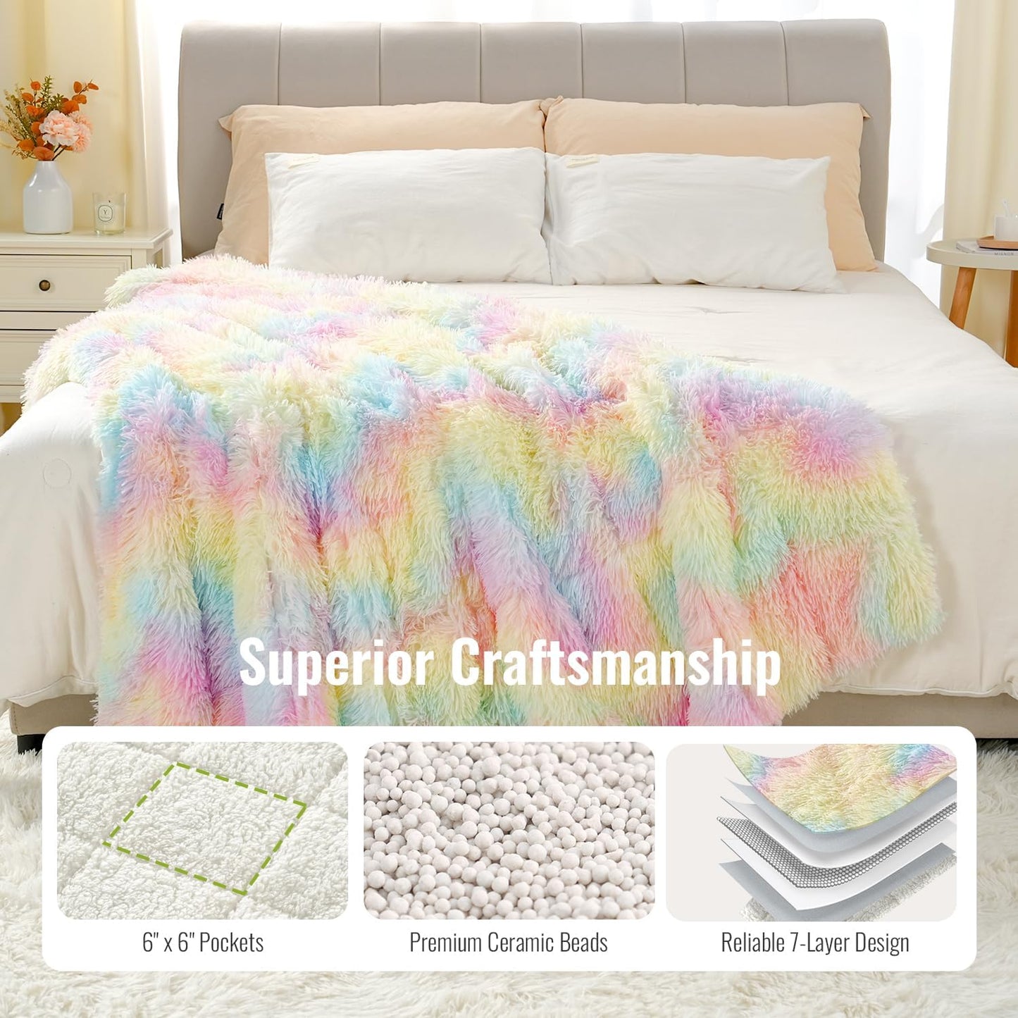 Uttermara Faux Fur Weighted Blanket Queen Size 15 lbs 60x80 inches, Warm Sherpa Weighted Blankets for Adults, Thick Heavy Blanket with Soft Plush Fleece & Cozy Sherpa Great for Relax, Rest, Rainbow