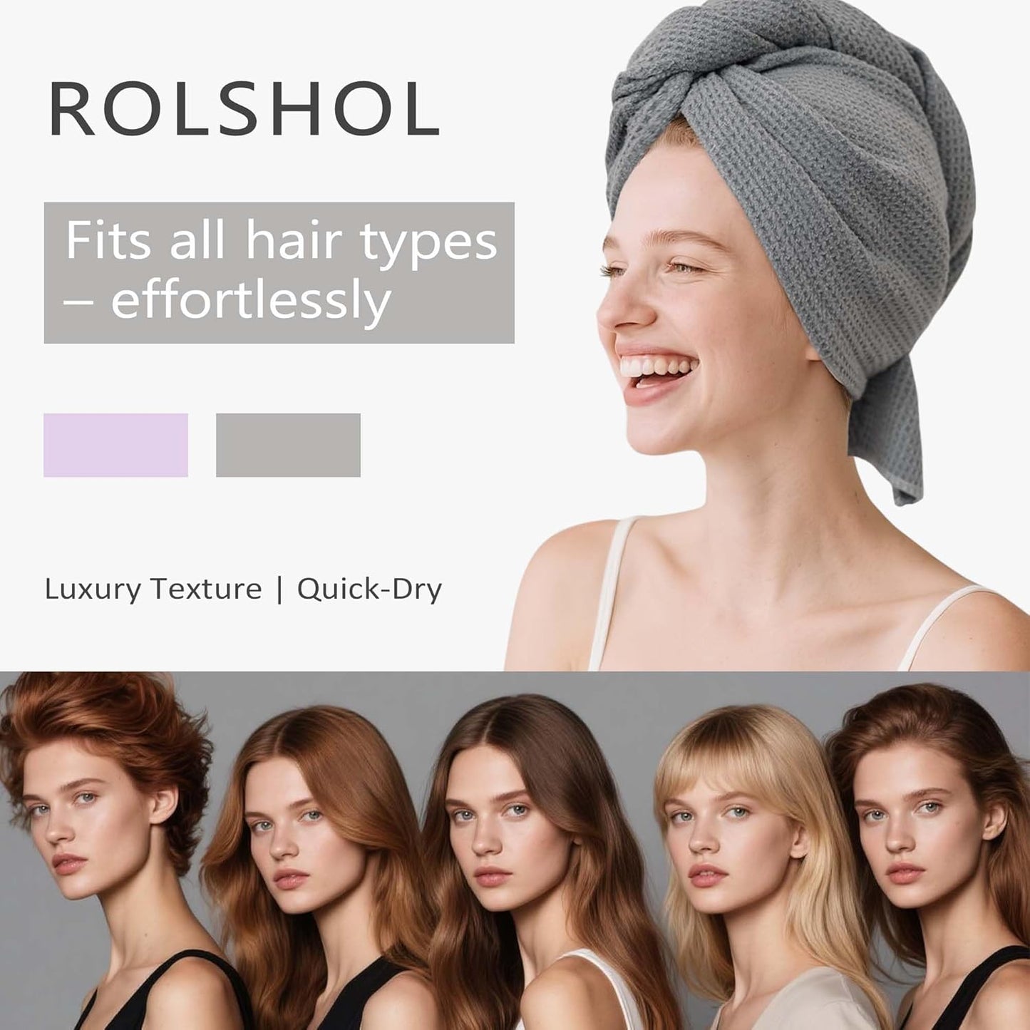 2 Pack Microfiber Hair Towel Wrap for Women, 32" x 11" Waffle Weave Hair Plopping Towel for Curly, Long & Thick Hair, Anti-Frizz Hair Turbans for Wet Hair (Lavender, Grey)