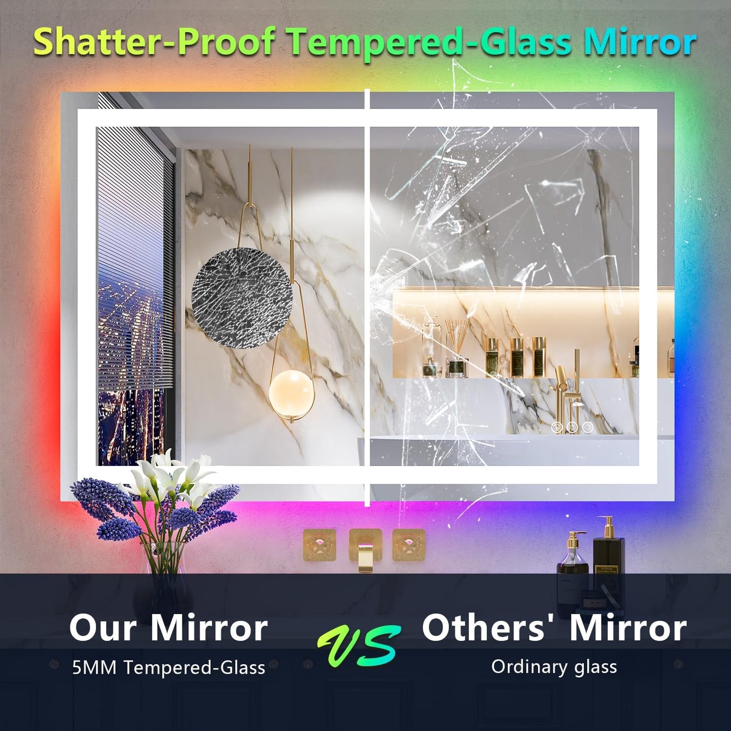 48x32 Inch RGB LED Bathroom Mirror Front Light and RGB Backlit Lighted Vanity Mirror for Bathroom Wall Mounted Dimmable Anti Fog Memory Shatter-Proof IP54 Waterproof Horizontal/Vertical