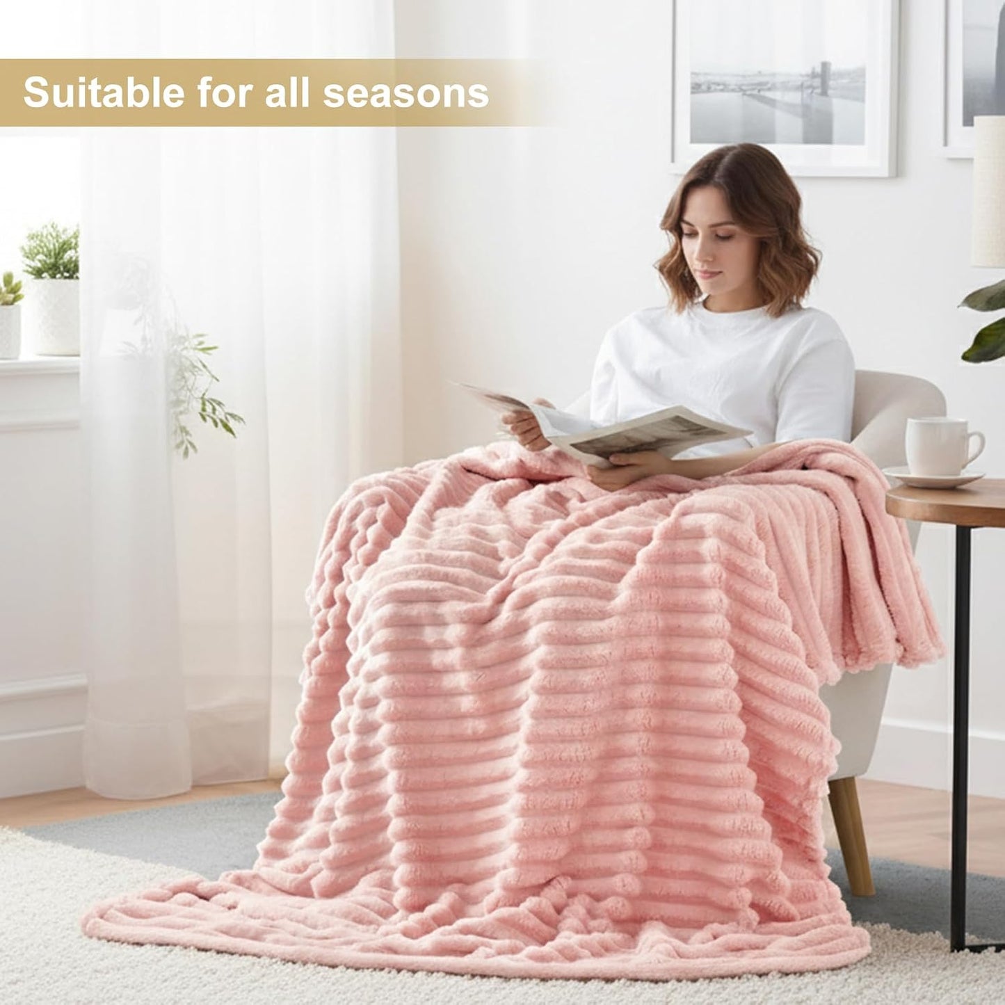 decorUhome Christmas Soft Fleece Pink Blanket Queen Size for Bed, Cozy Fluffy Plush Flannel Large Striped Throws for Couch Sofa, Lightweight Decorative Fuzzy Blanket for Woman, 90x90 Inches