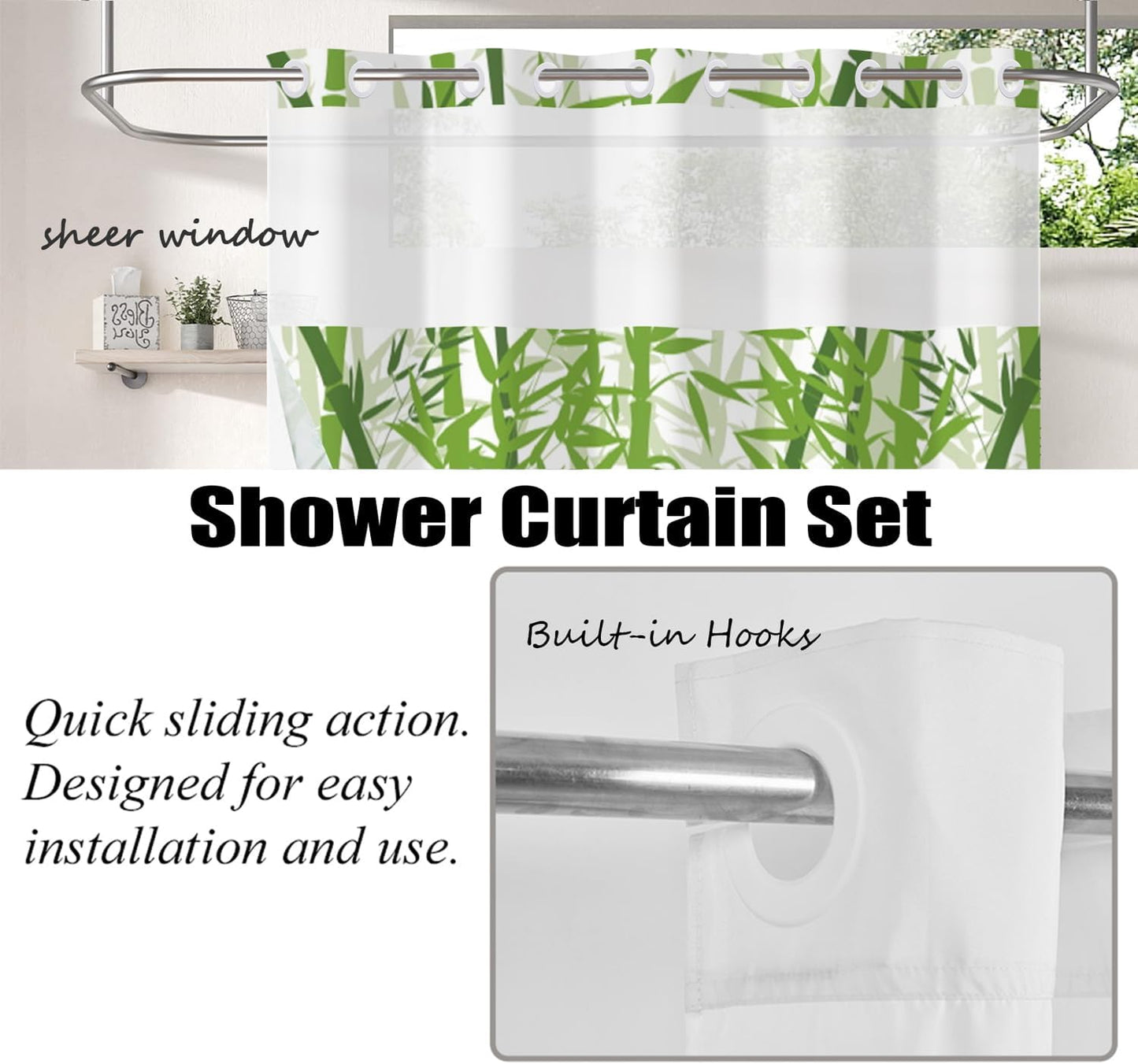 Bamboo Shower Curtain No Hooks with Snap-in Liner,Spring Bamboo Shower Curtains,Watercolor Fabric Green Shower Curtain Set,with See Through Top Window for Bathroom Decor,71 x 74 Inch
