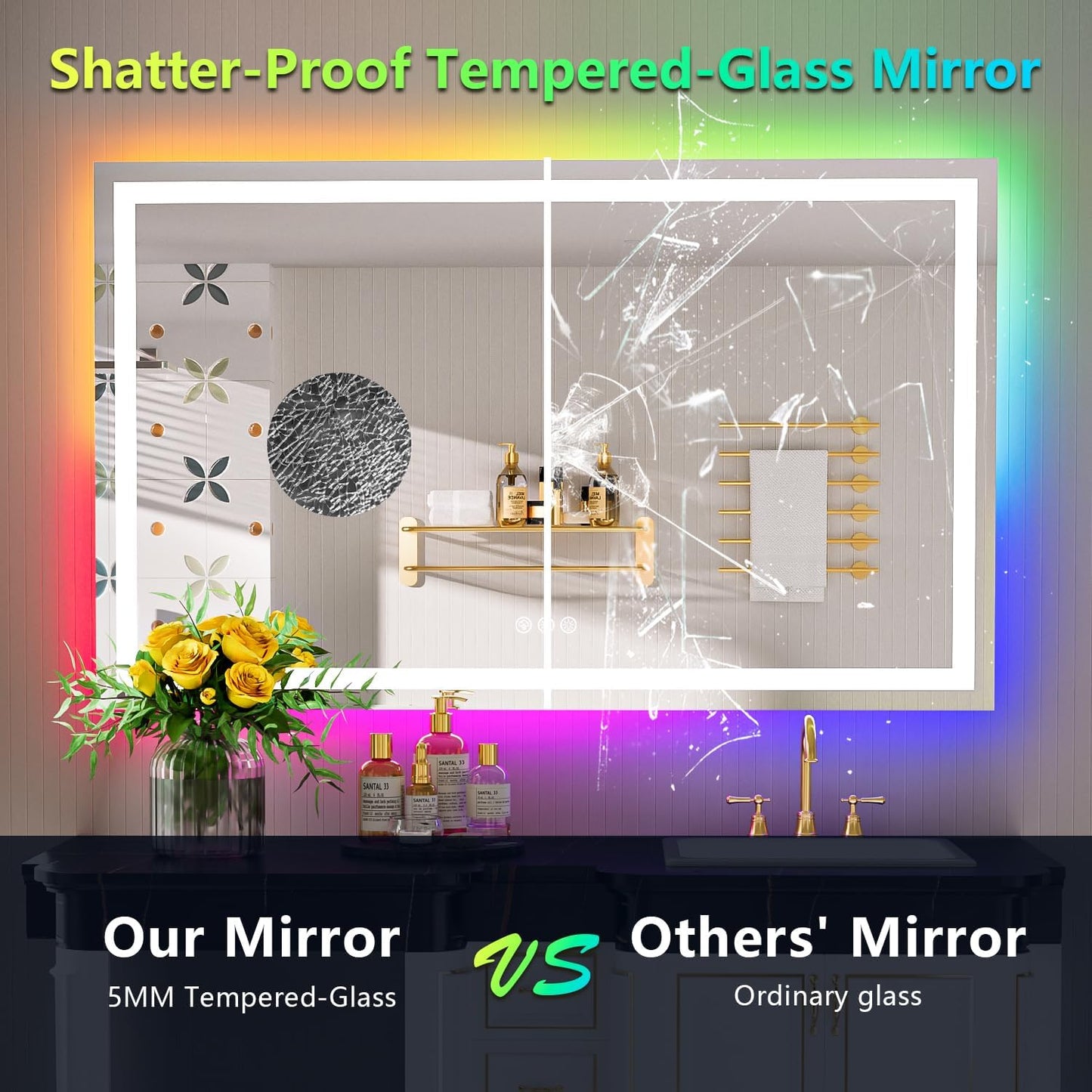 55x40 Inch RGB LED Bathroom Mirror Front Light and RGB Backlit Lighted Vanity Mirror for Bathroom Wall Mounted Dimmable Anti Fog Memory Shatter-Proof IP54 Waterproof Horizontal/Vertical