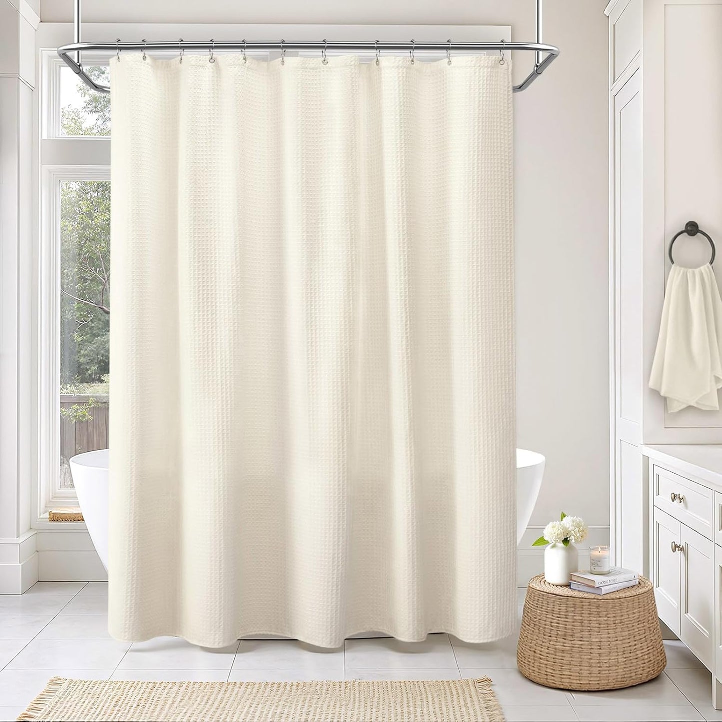 Long Waffle Shower Curtain - Ivory Cotton Texture Fabric Heavyweight Shower Curtain for Bathroom,72Wx78L