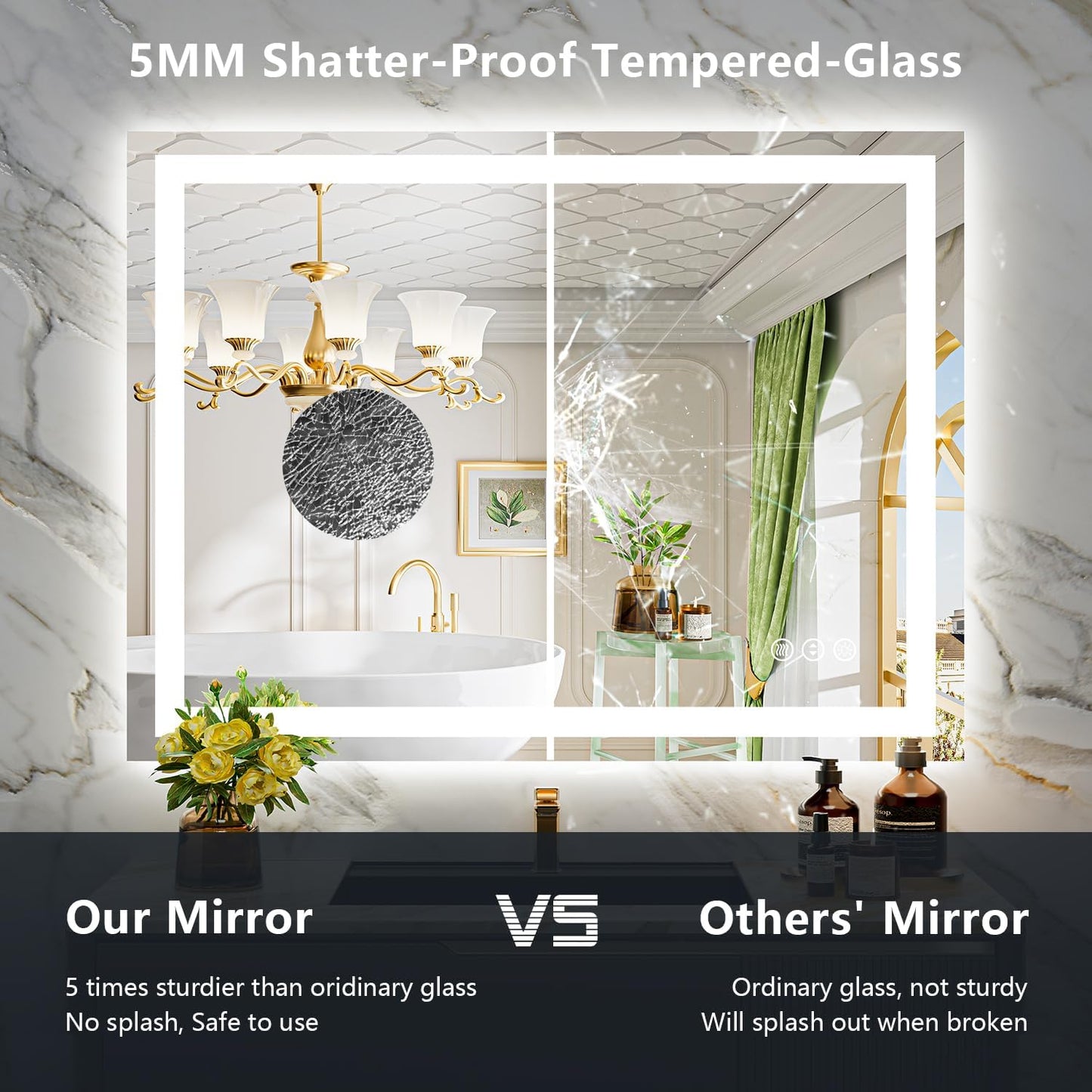 44x36 Inch LED Bathroom Mirror with Lights Front and Backlit Lighted Vanity Mirror for Bathroom Wall with 3 Colors Dimmable Anti-Fog Memory Shatter-Proof IP54 Waterproof Horizontal/Vertical