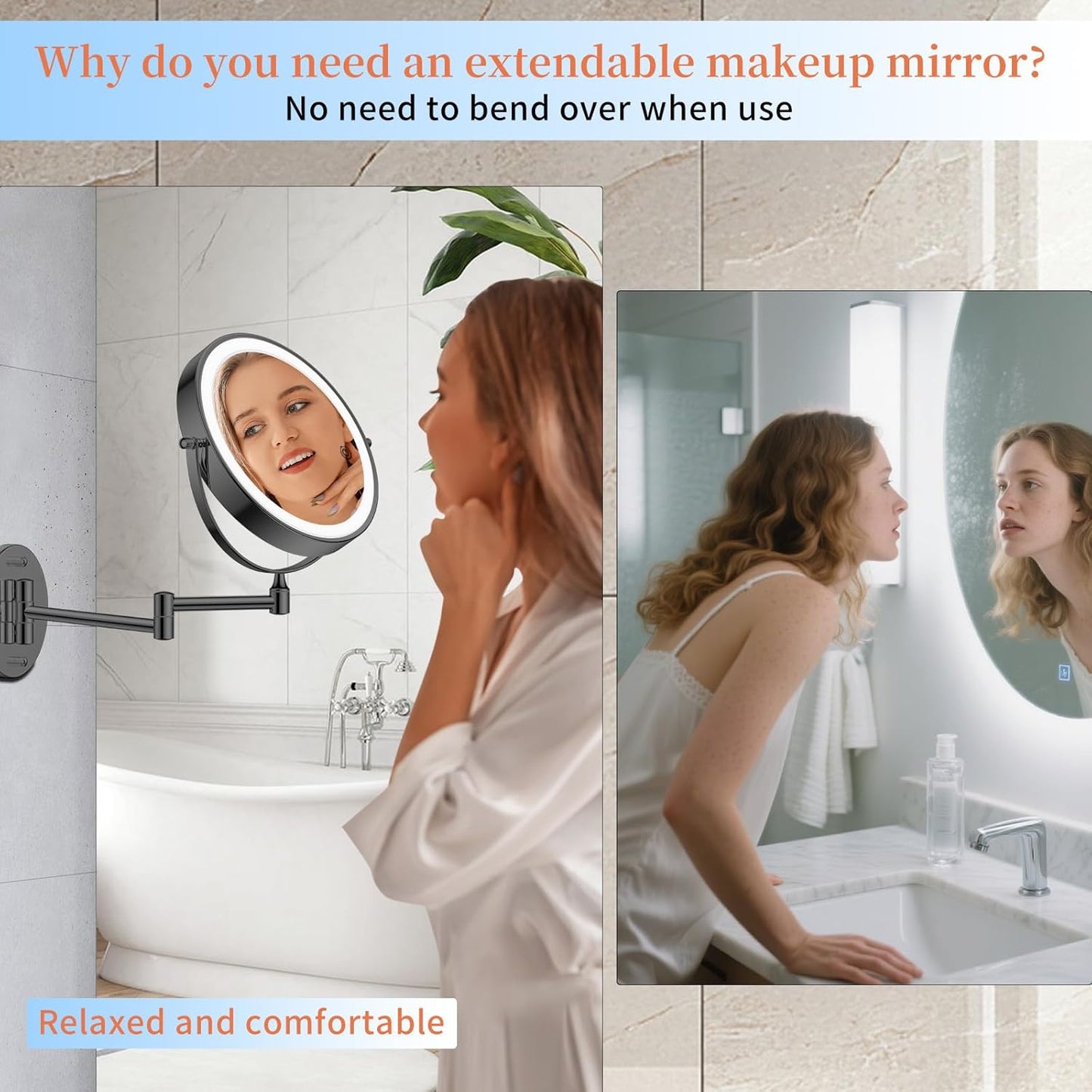 FUNTOUCH 9" 1X/30X Wall Mounted Lighted Makeup Mirror, 4500mAh Rechargeable Double Sided Magnifying Mirror with Light, 3 Color Lights,Touch Dimmable, 360 Rotation Extended Arm for Bathroom,Black