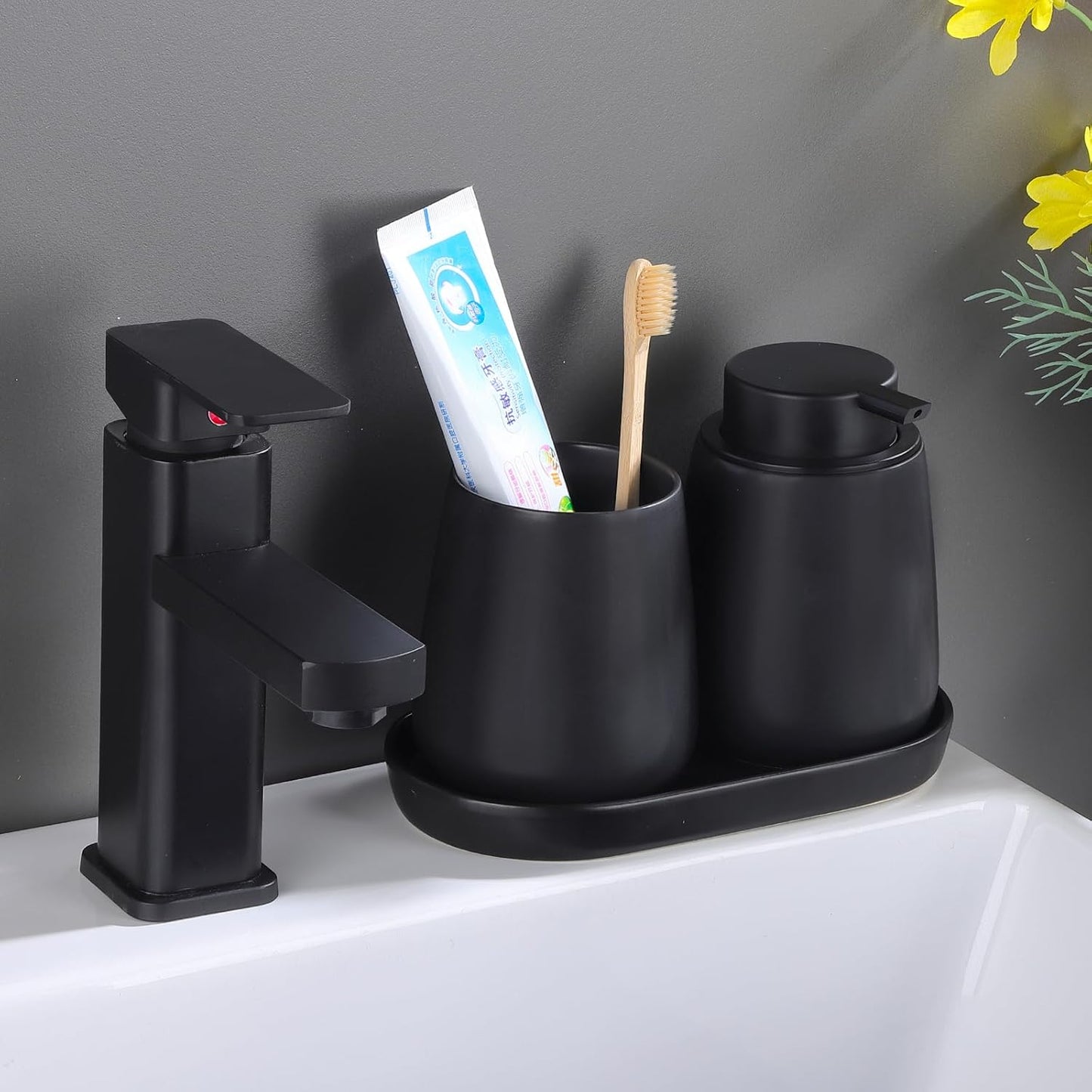 Matte Black Bathroom Accessory Set - 3pcs Ceramic Soap Dispenser Set Vanity Countertop Accessories Set, Includes Refillable Foaming Hand Soap Dispenser, Toothbrush Holder and Tray (Foam Pump)