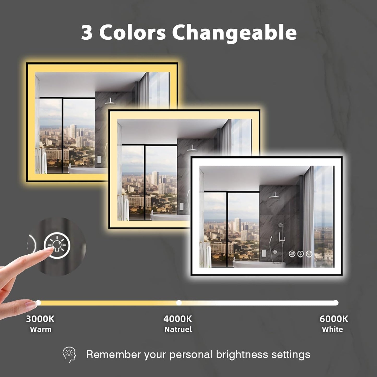 40x32 Bathroom LED Mirror, Black Aluminum Edge Lighted Mirror, 3 Colors Stepless Dimmable Vanity Mirror, Skincare, Anti-Fog, Shatter-Proof, ETL Listed, Memory Smart Mirror(Horizontal/Vertical)