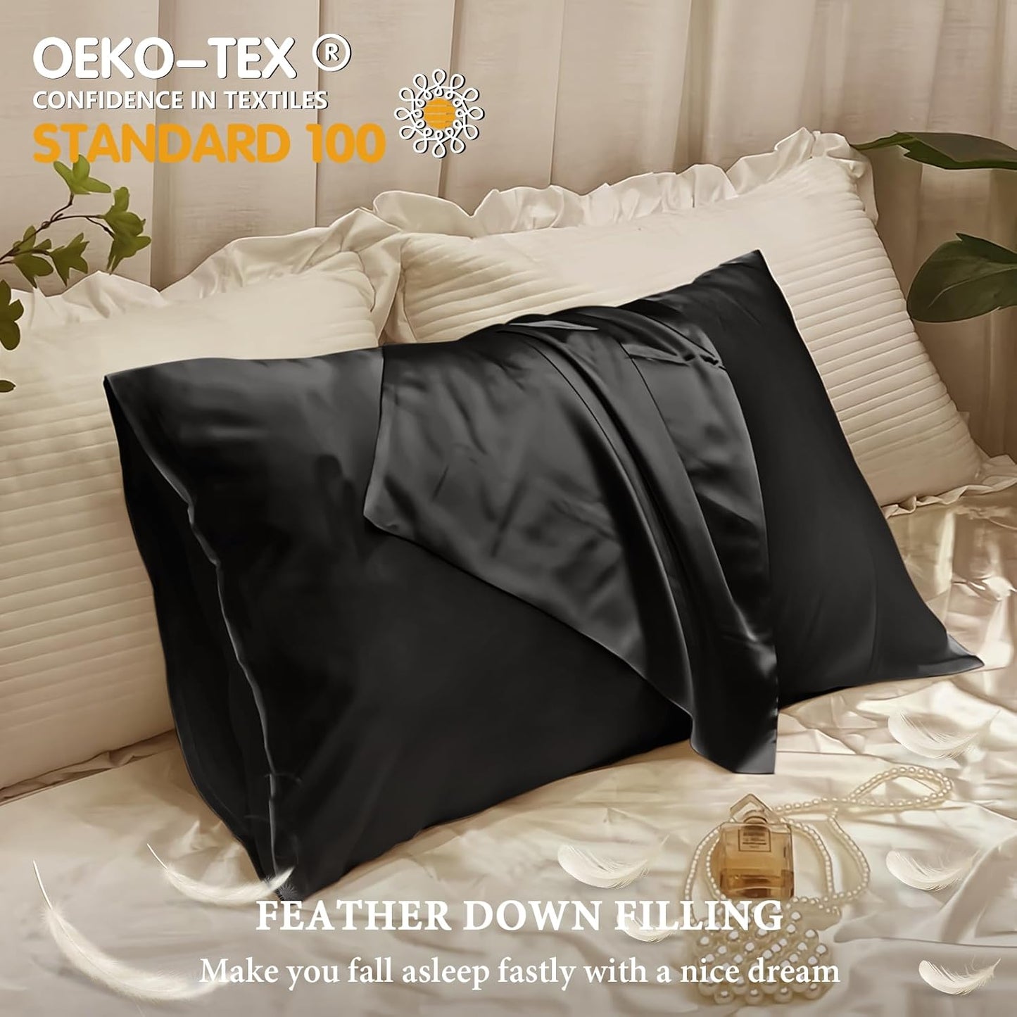 BHZ Satin Goose Down Feather Pillows Standard Size Set of 2 with Black Satin Pillowcase for Hair and Skin, Cooling Pillow Cases Similar to Silk Pillow Cases, Decor for Women, Mom Men