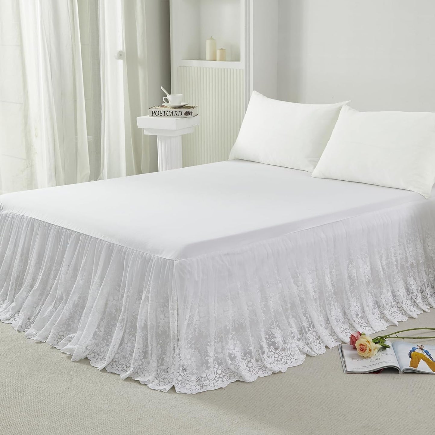 Brandream Lace Bed Skirt Twin Size White 18 Inch Drop Romantic Dust Ruffle Split Corners Bed Sheets Cover Excellent Quality