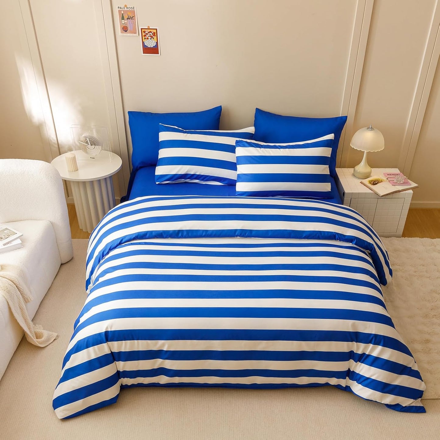 KAREVER Royal Blue White Stripes Comforter Set King Size Royal Blue White Stripes Bedding Set 3 PCs Comforter Set King Size Fluffy Linen Comforter Sets