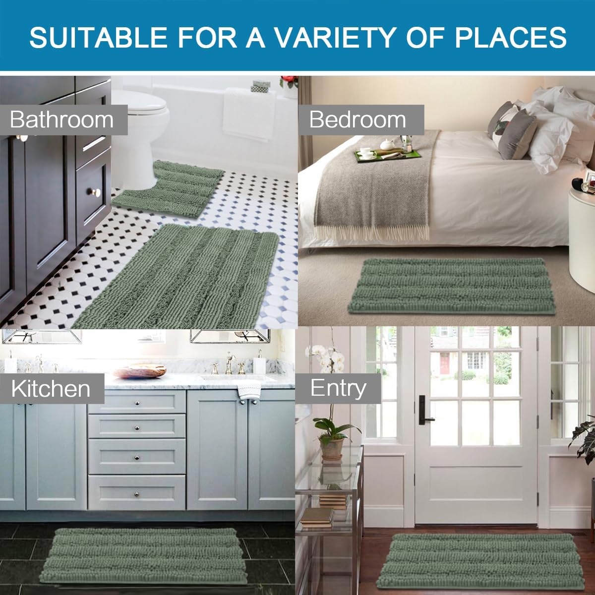 H.VERSAILTEX Bathroom Rugs Bath Rug Set 2 Piece Bathroom Contour Rug Toilet Mat Non Slip Contour Bath Rug Ultra Thick Water Absorbent Striped Bath Mats Washable(36" x 24" Plus 20" x 24" U, Green Bay)