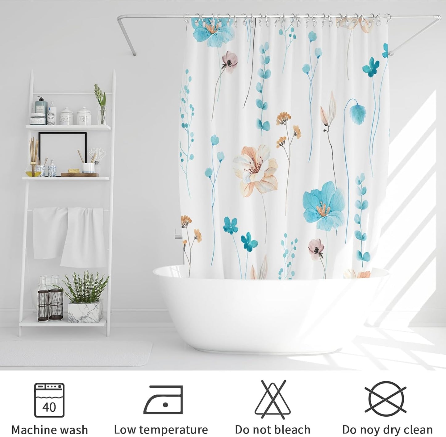 Gibelle Watercolor Floral Shower Curtain, Light Blue Beige Flower Shower Curtain for Bathroom, Modern Minimalist Waterproof Fabric Shower Curtain Set with Hooks 72x72 Inch