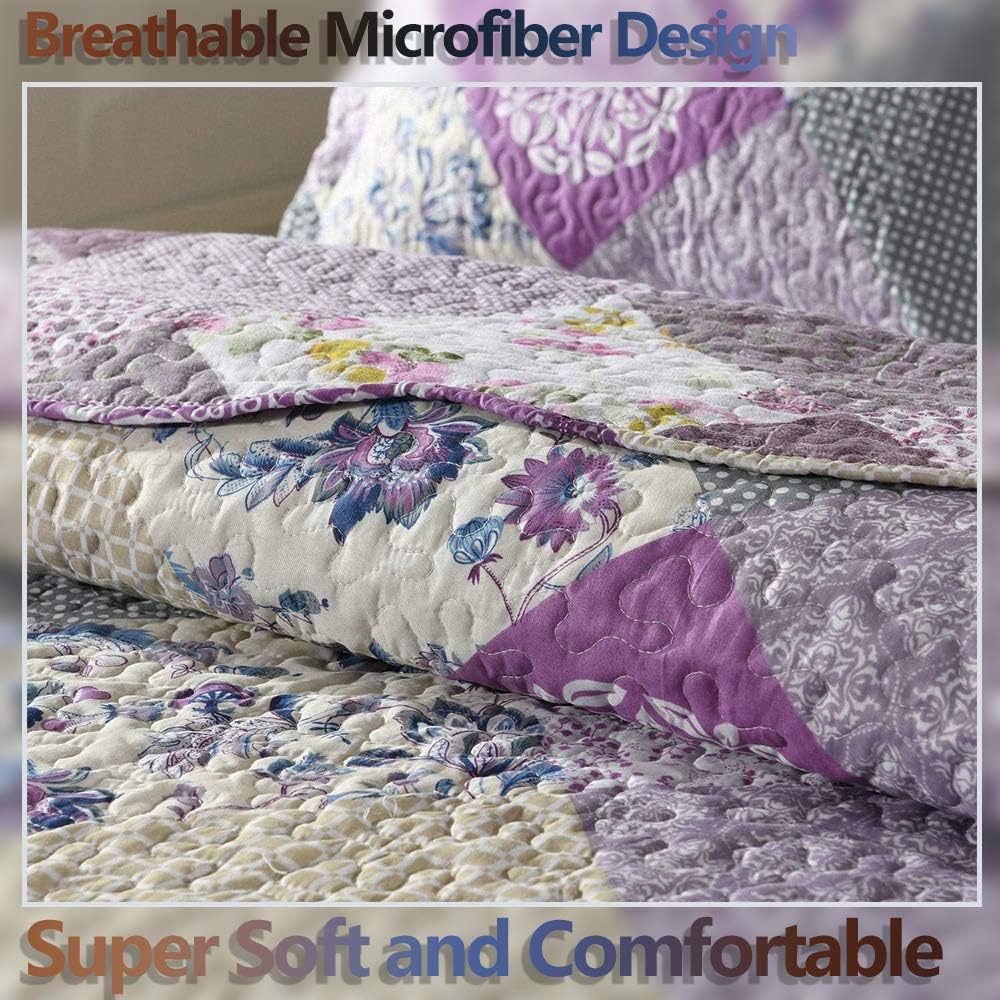 ENJOHOS Purple Patchwork Quilt Queen Size, 3Pc Floral Plaid Queen Bedspread Coverlet Set for All Seasons, Soft Reversible Microfiber Lightweight Bed Cover