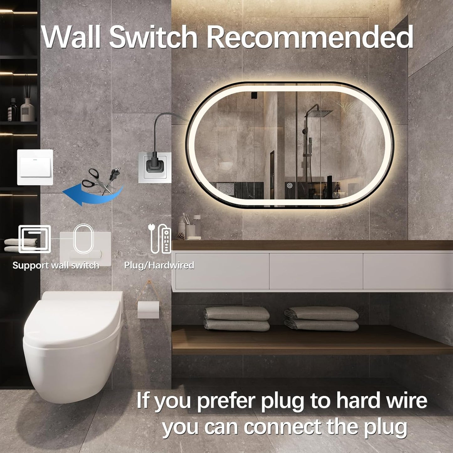 Oval LED Bathroom Mirror, 36"x24" Lighted Wall Mounted Vanity Mirror with Metal Frame, Anti-Fog IP66 Waterproof Smart Mirror, Memory Function, (Horizontal or Vertical), Gold