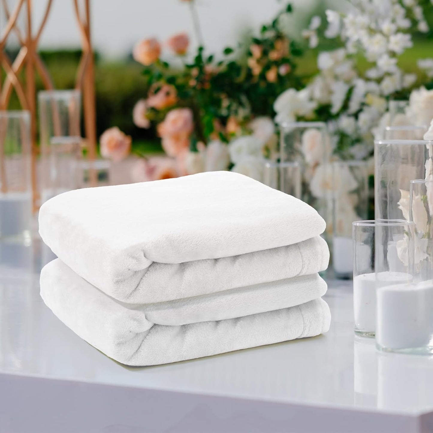 Tinideya 12 Pcs Flannel Fleece Throw Blanket Bulk 50 x 60 Inch Soft Fleece Blanket Warm Throw Blanket Coral Blankets for Couch Sofa Home Wedding Gifts Season (Cream White)