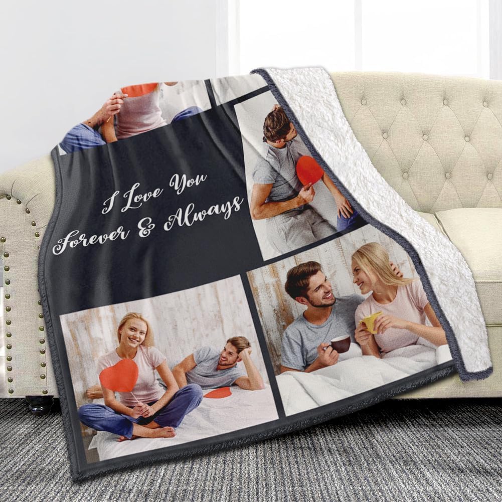 Custom Sherpa Fleece Blanket with Photos, Text, Soft, Warm, Fuzzy - Personalized Couples Gifts for Boyfriend, Girlfriend - Customized Picture Blanket for Birthday, Anniversary, Christmas