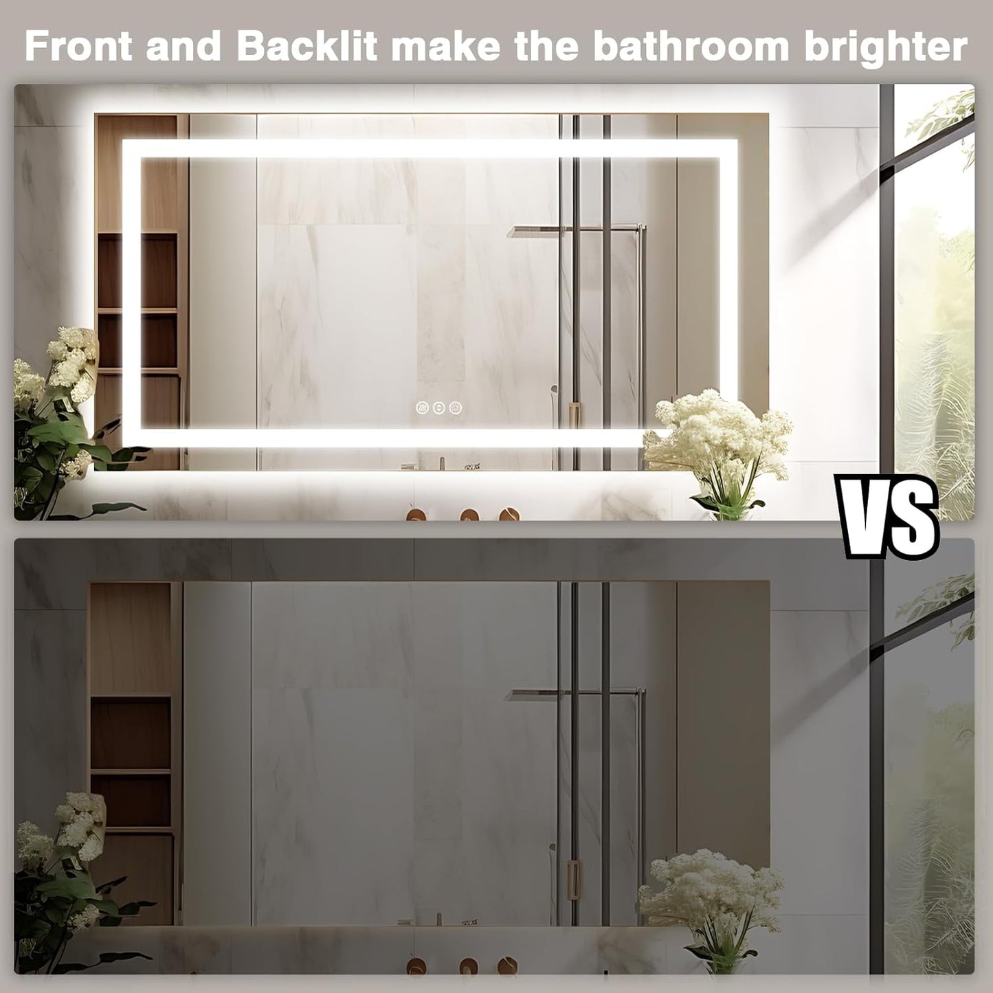 72"x40" Large LED Bathroom Mirror with Lights (Front & Backlit), Fogless, Stepless Dimmable, 3 Color Smart Mirror (Horizontal/Vertical)