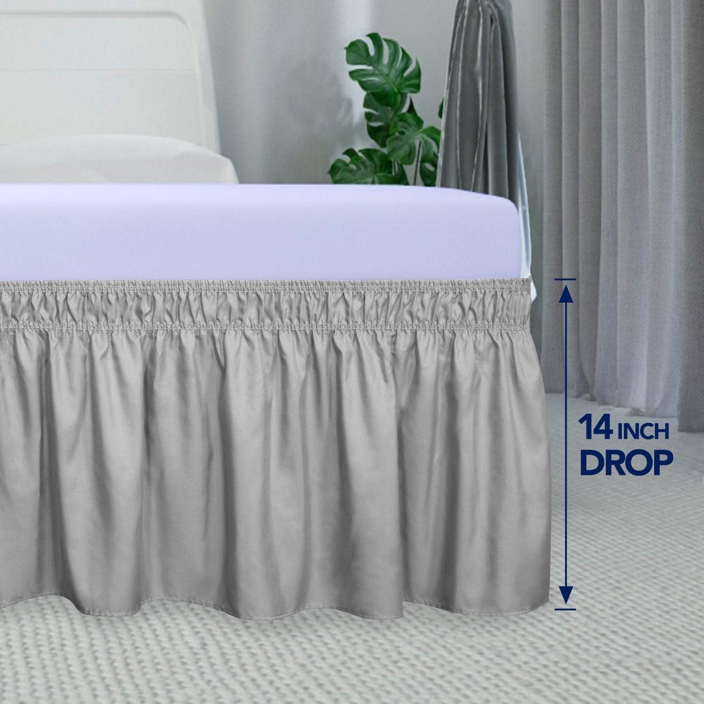 PureFit Wrap Around Ruffled Bed Skirt with Adjustable Elastic Belt - 14 Inch Drop Easy to Put On, Wrinkle Free Bedskirt Dust Ruffles, Bed Frame Cover for Twin,Twin XL and Full Size Beds, Light Gray