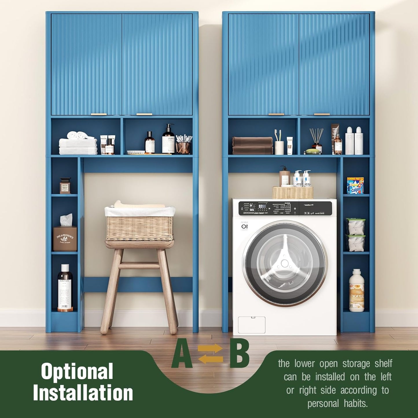 31" W Over The Toilet Storage Cabinet with Fluted Door, Blue Bathroom Organizer with Adjustable Shelf, Toilet Paper Holder Stand Wave Door for Restroom, Laundry Room