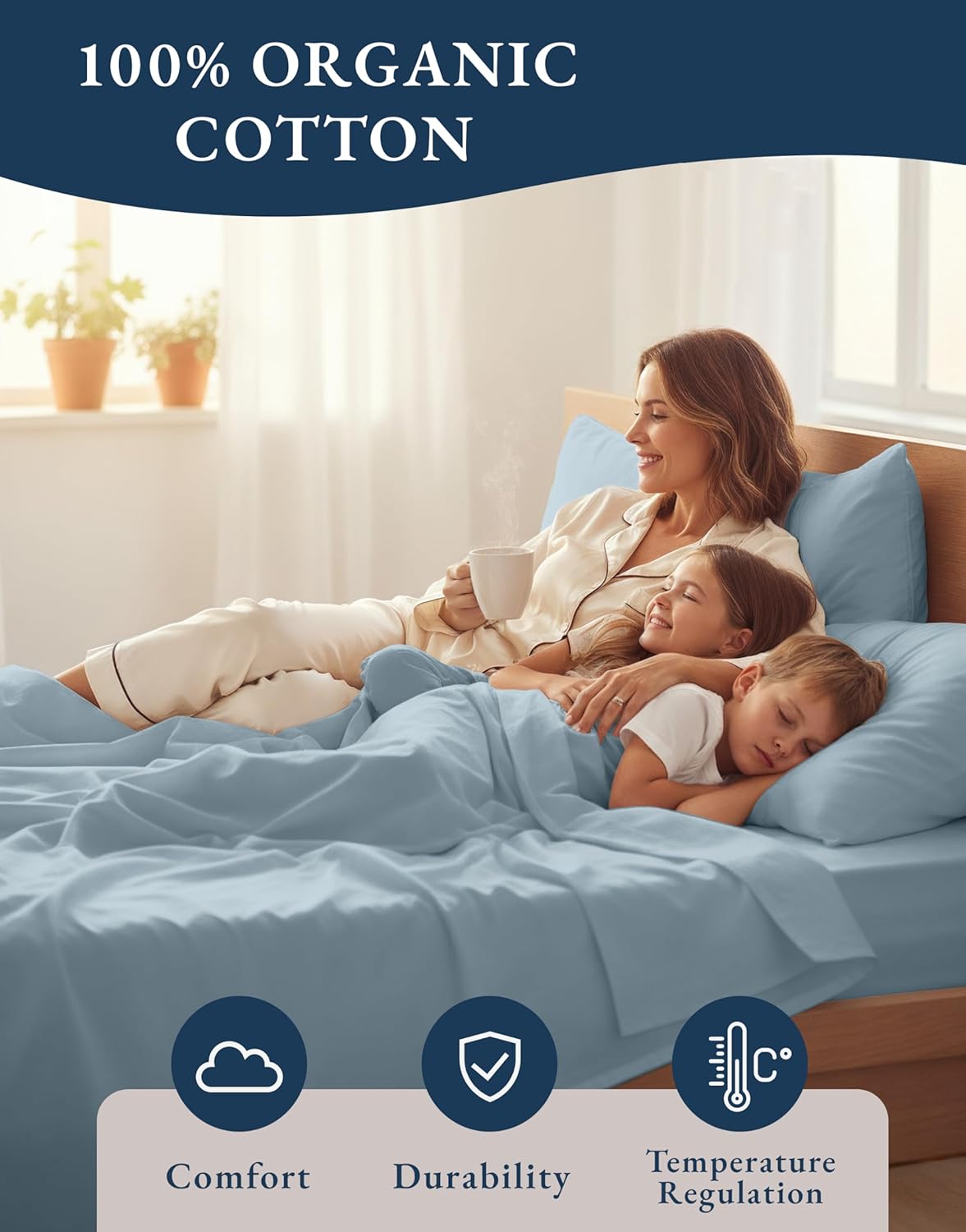 LANE LINEN 100% Organic Cotton Bed Sheets King Size, Soft & Comfy Fully Elasticized Percale Bedding Sheets & Pillowcase Set, Low Pilling Machine Washable All Season King Sheet- French Blue
