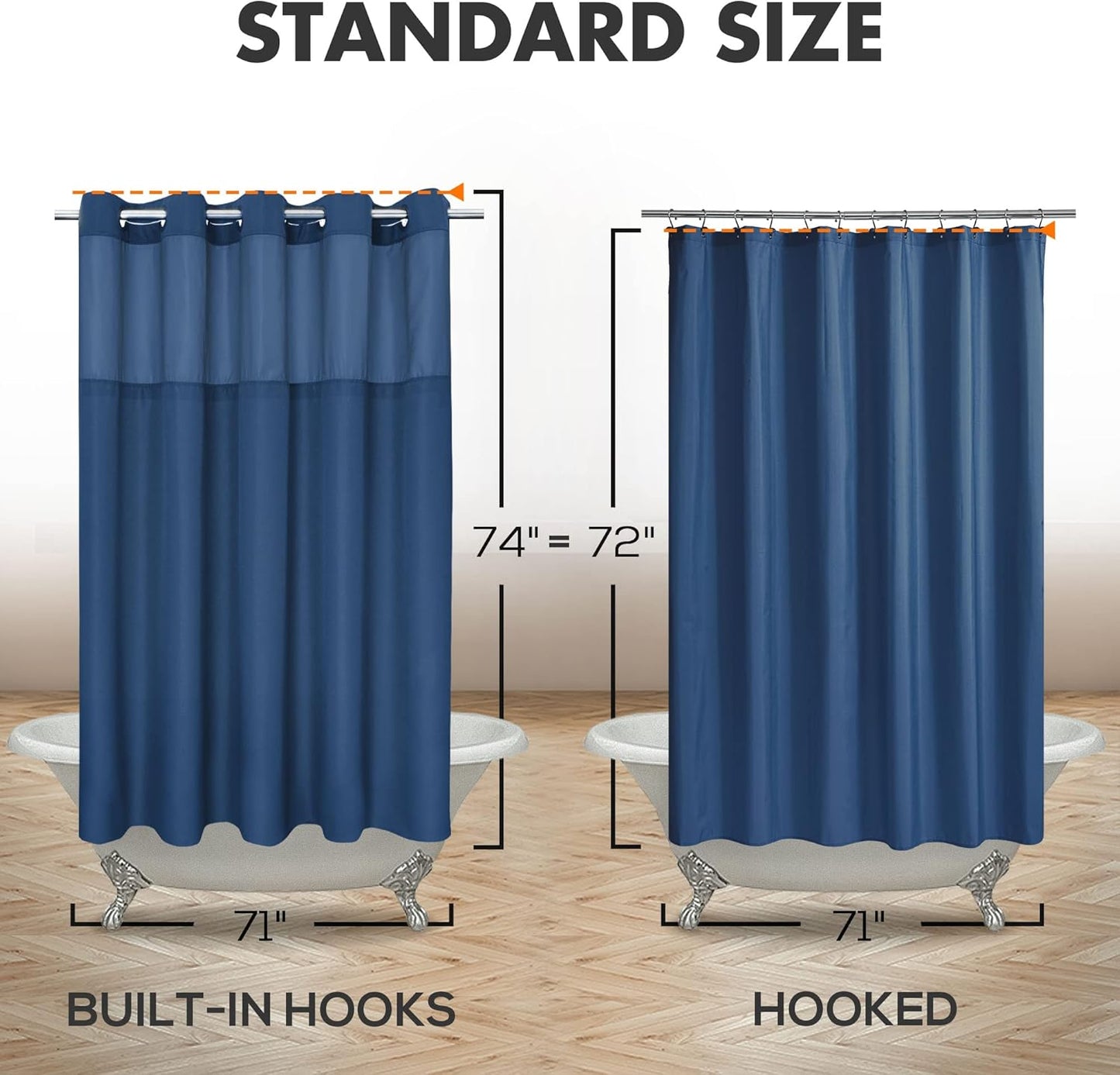 No Hook Slub Textured Shower Curtain with PEVA Liner Set - 71" x 74"(72"), Hotel Style with See Through Top Window, Machine Washable & Water Repellent Fabric, Navy Blue, 71x74