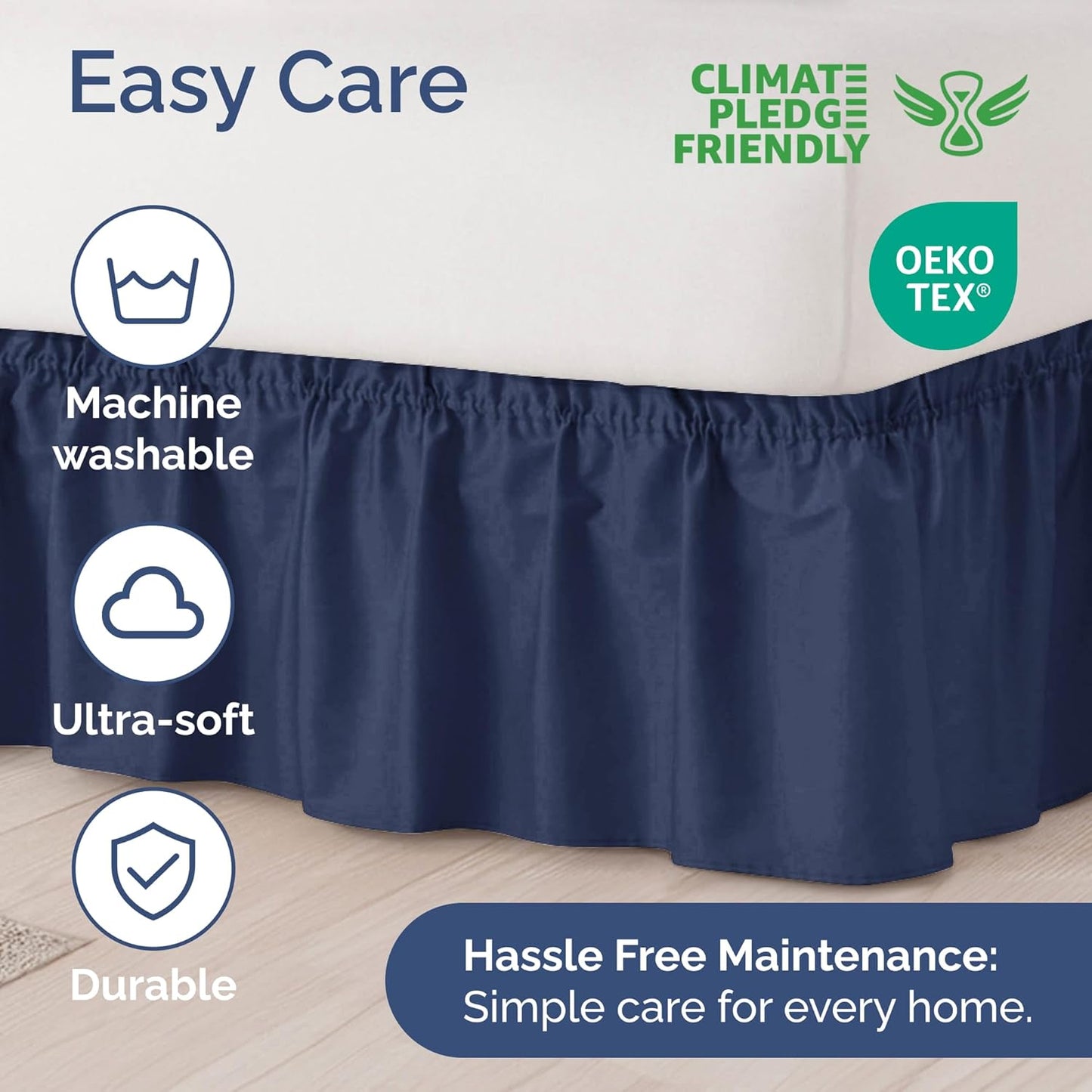 Wrap Around Dust Ruffle Bed Skirt - Navy Blue - Twin/Twin XL Size Beds with 24 Inch Drop - Elastic Strap - Adjustable Pleated Bedskirt with Brushed Fabric and Wrinkle Free - Women, Men, Kids & Teens