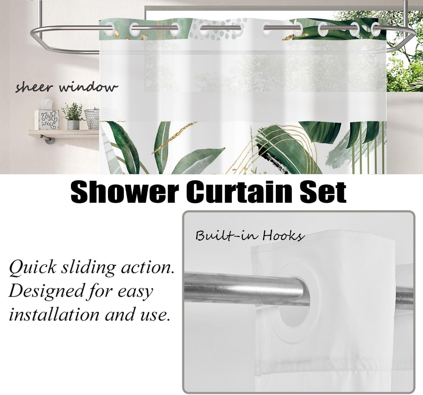 Boho Shower Curtain No Hooks with Snap in Fabric Liner Set,Modern Boho Shower Curtains Hotel Bathroom Decor,with See Through Top Window,Green Botanical Sage Fabric Waterproof Shower Curtain,71W x 74H