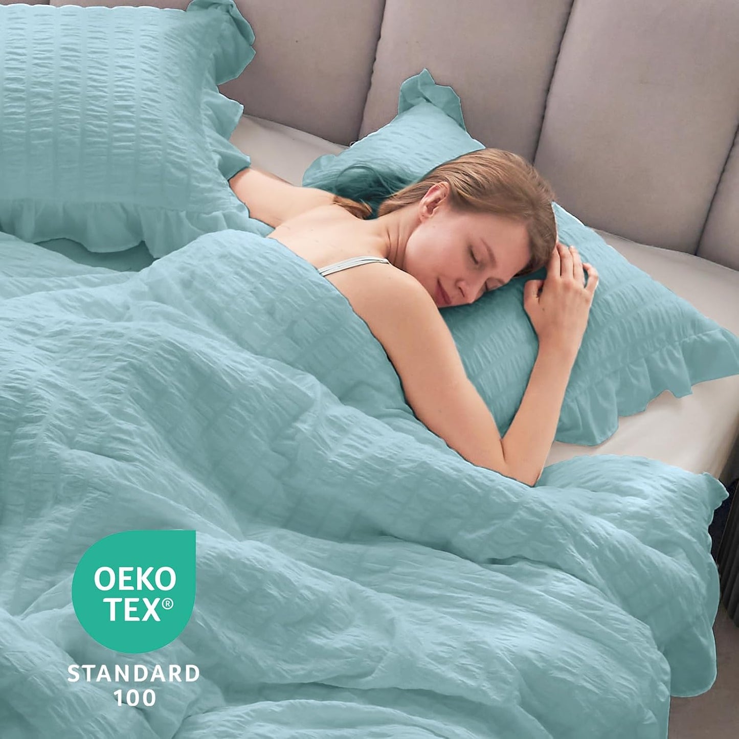 JOLLYVOGUE Light Blue Queen Comforter Set, 3 Pieces Seersucker Comforters Queen Size, Lightweight & Fluffy Bedding Sets for All Season with 1 Ruffle Comforter & 2 Ruffle Pillowshams