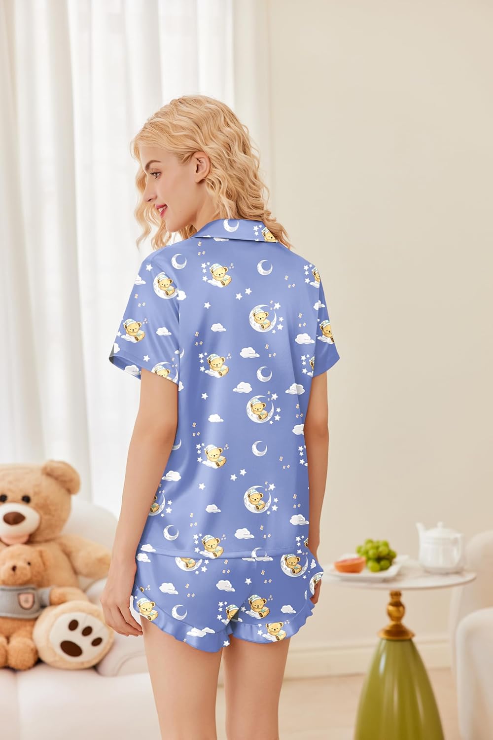 Ekouaer Womens Satin Pajamas Set Button Down 2 Piece Silk Pjs Shorts Set Ruffle Lingerie Notch Collar Sleepwear