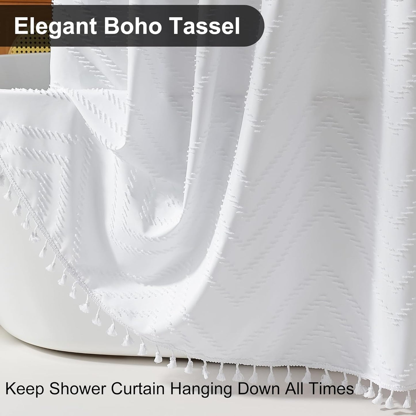 Boho Shower Curtain White Tassel Woven Fabric Short Shower Curtain 72 x 66 Modern Farmhouse Textured Tufted Chevron Striped Minimalist Bathroom Shower Curtains
