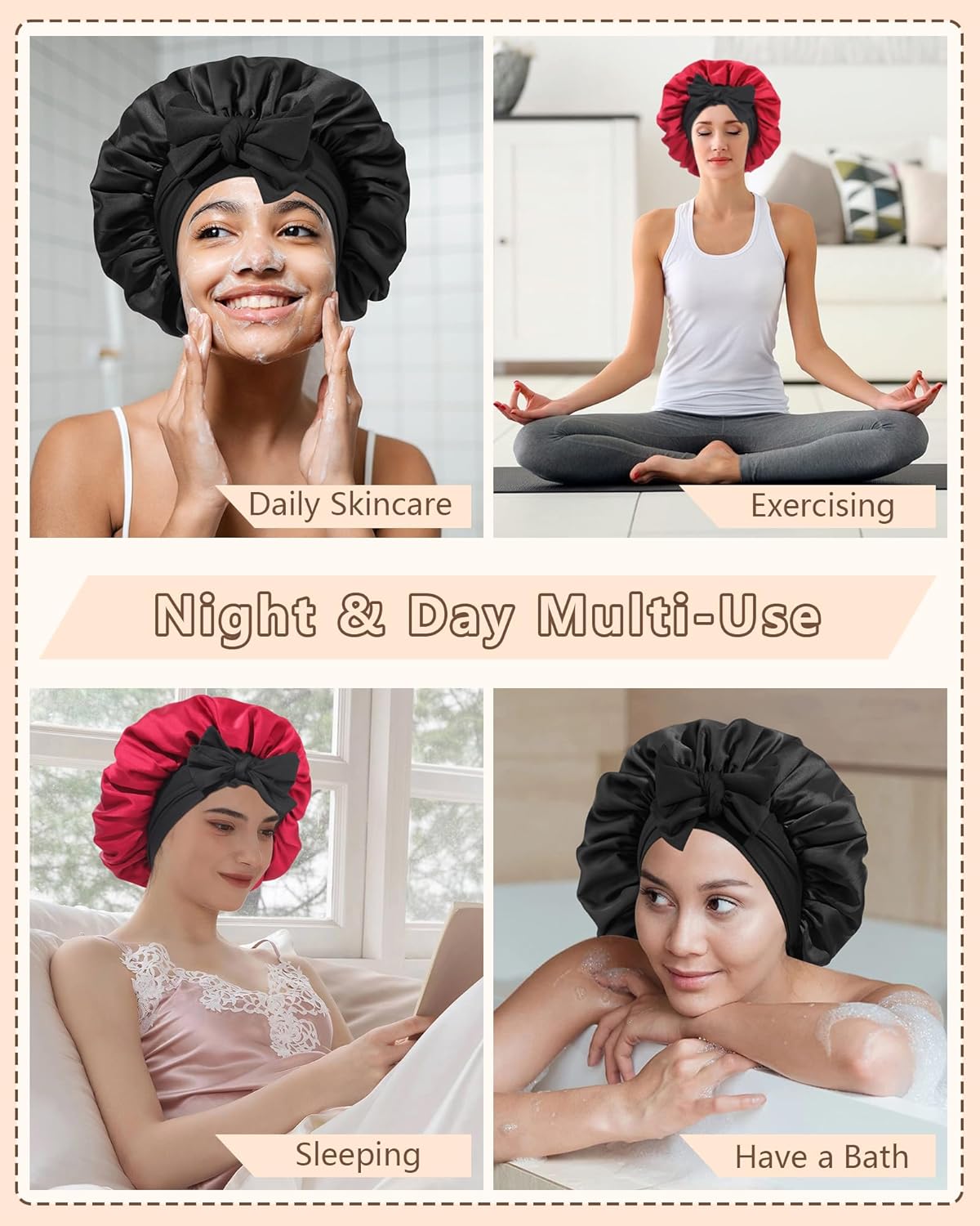 AWAYTR Women Satin Bonnet for Sleeping - Double Layer Silk Hair Bonnet with Elastic Tie Band for Braids Curly Hair