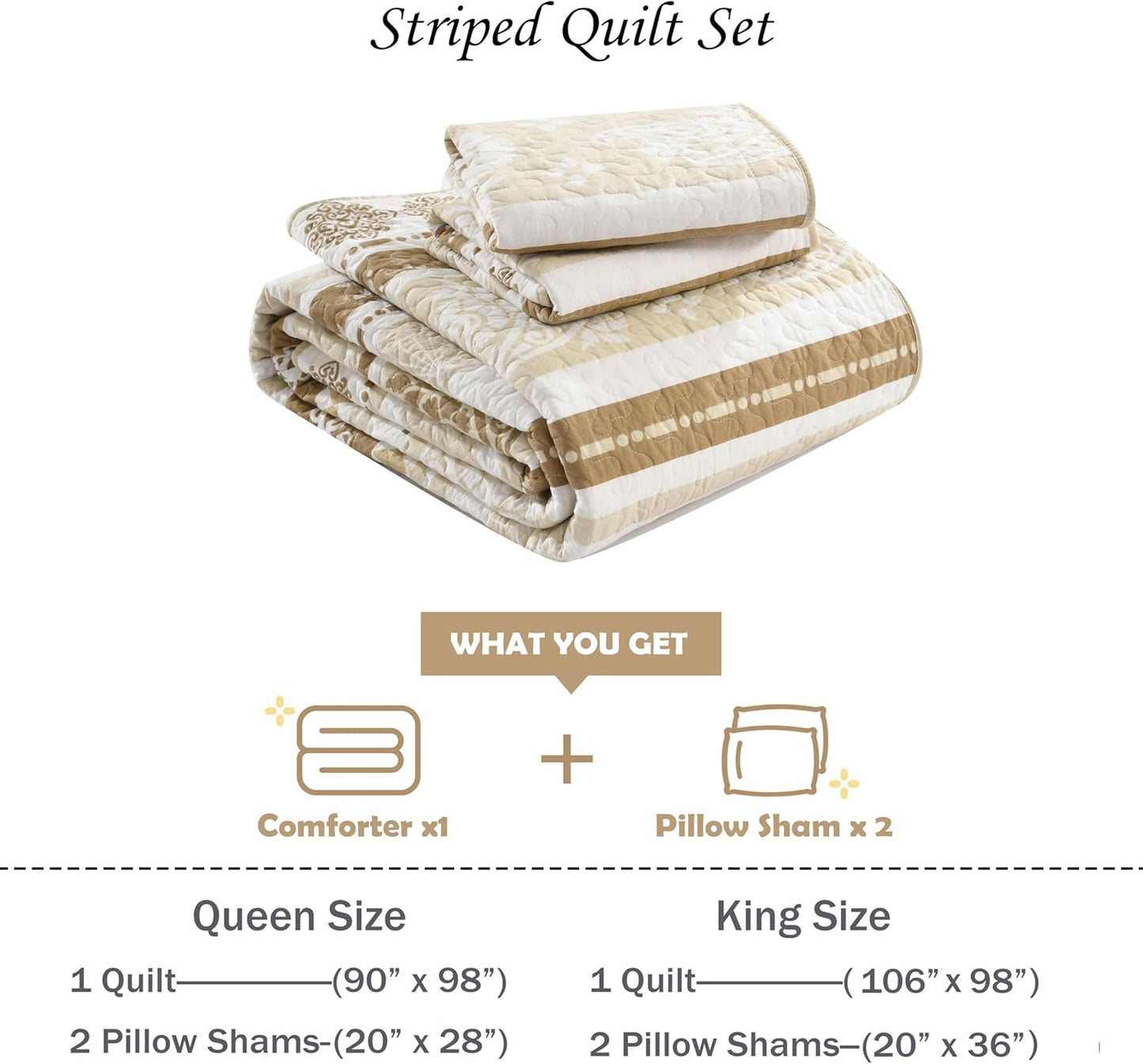 Quilt Bedding Set Queen Size, Cotton Comforters Set Queen Size, Brown Taupe Quilts Bedspread for The Bed, Farmhouse Lightweight Bedding (90 * 98 Inch) and 2 Pillow Shams All Season